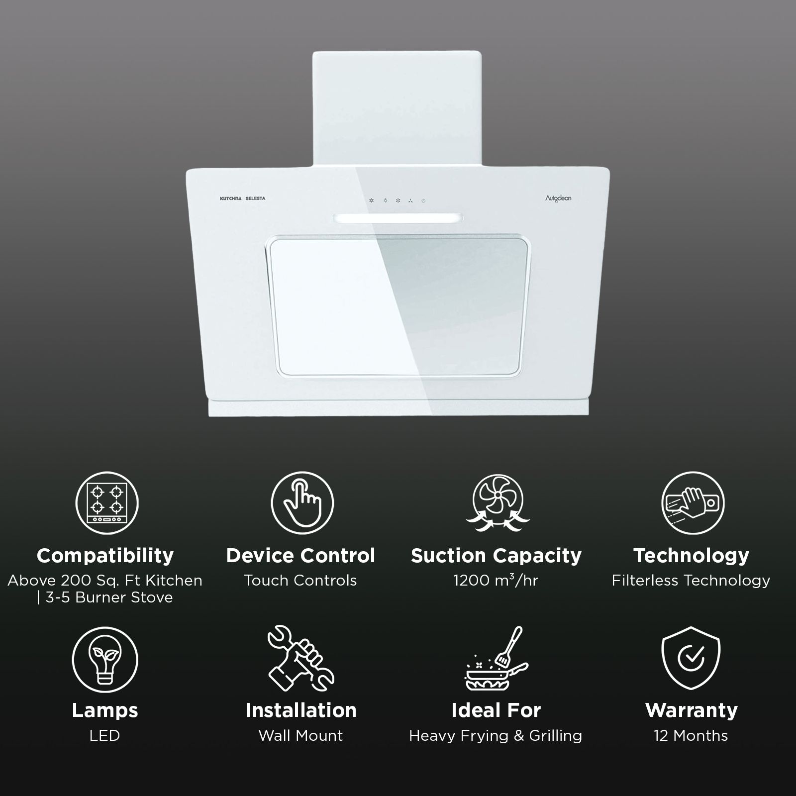 Kutchina Selesta 75cm 1200m3/hr Ducted Auto Clean Wall Mounted Chimney with Oil Suction Technology (Cream)_3