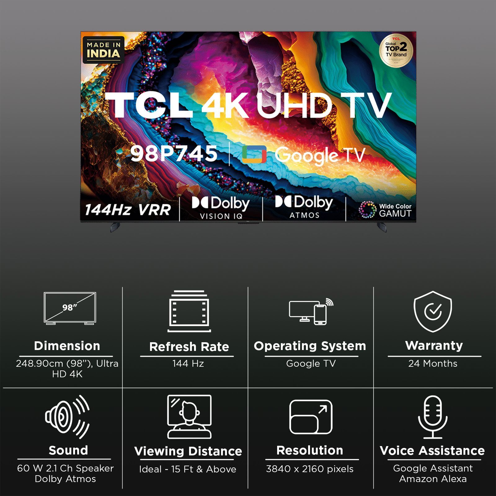 TCL P745 249 cm (98 inch) 4K Ultra HD LED Google TV with Dolby Vision and Dolby Atmos (2023 model)_3