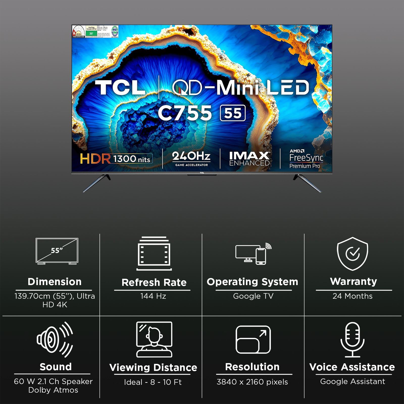 TCL C755 139.7 cm (55 inch) QD Mini LED 4K Ultra HD Smart Google TV with Dolby Vision and Dolby Atmos (2023 model) TCL C755 139.7 cm (55 inch) QD Mini LED 4K Ultra HD Smart Google TV with Dolby Vision and Dolby Atmos (2023 model)_3