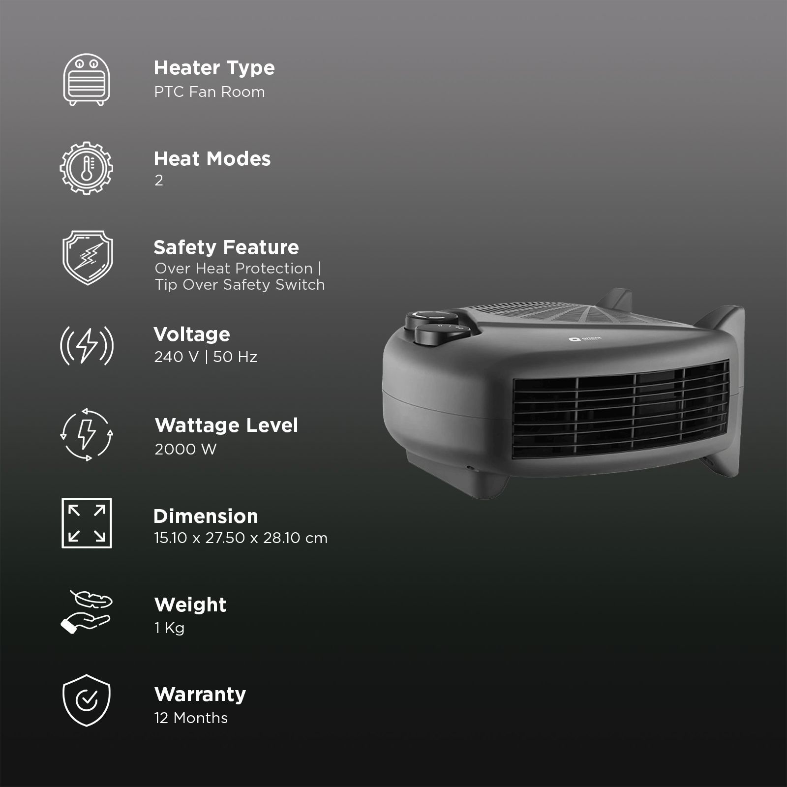 Orient New Areva 2000W Fan Room Heater with Tip Over Safety Switch (Dual Heating Mode_2