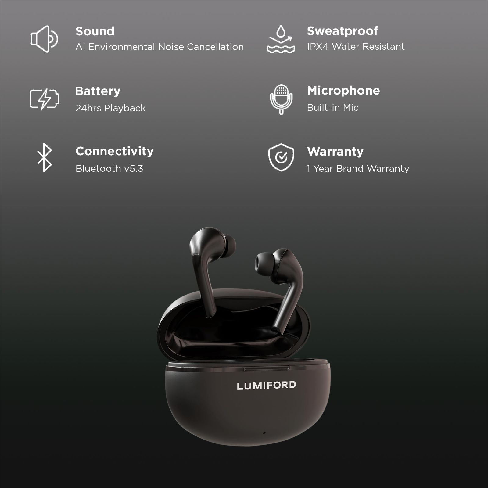 LUMIFORD Max T75 TWS Earbuds with Environmental Noise Cancellation (IPX4 Water Resistant, Smart Touch Control, Black)_2