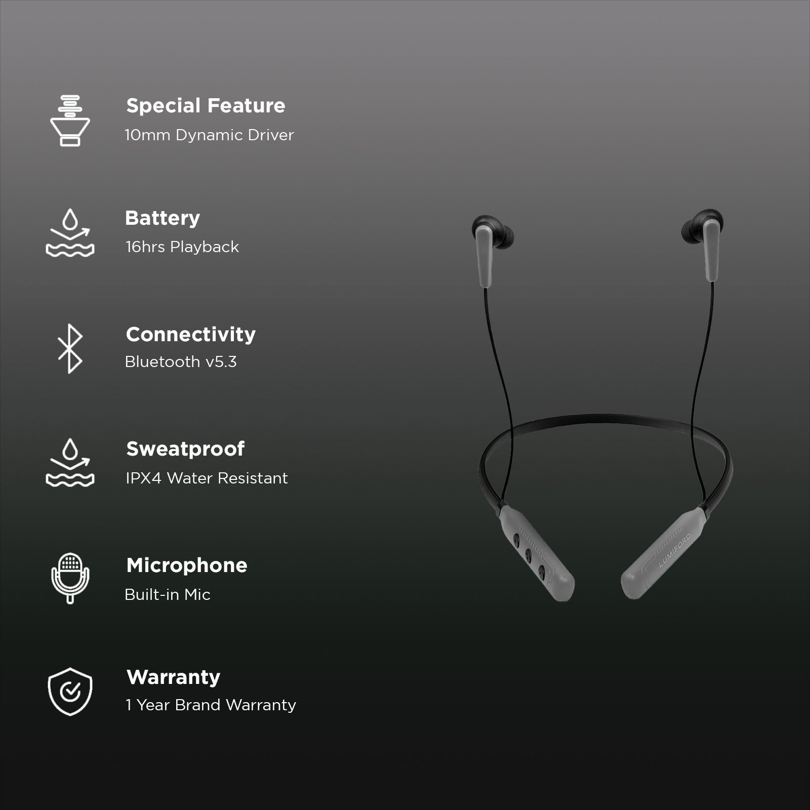 LUMIFORD XploriaHD XP15 Neckband (IPX4 Water Resistant, 16 Hours Playtime, Gun Grey)_2