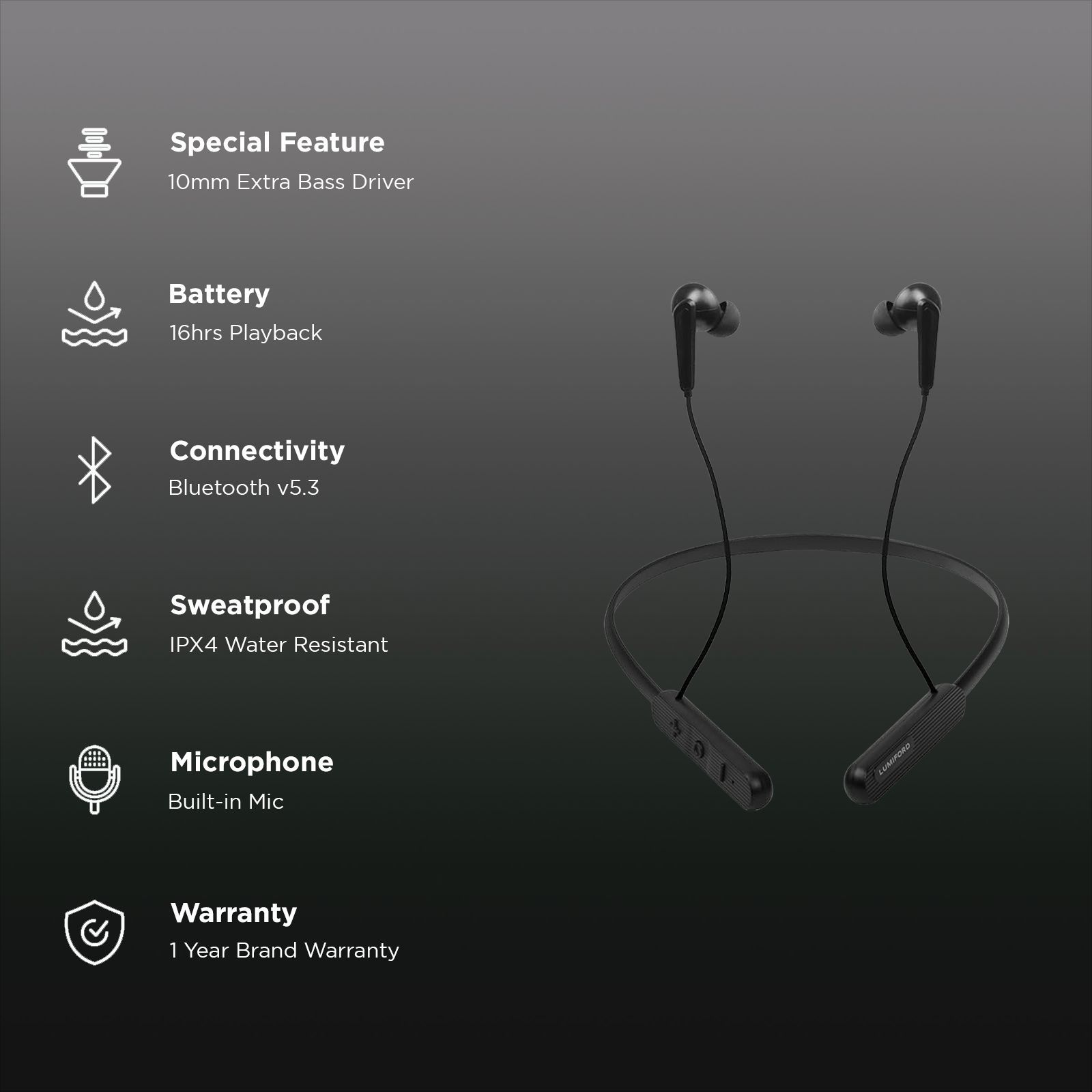 LUMIFORD XploriaHD XP25 Neckband (IPX4 Water Resistant, Upto 12 Hours Playtime, Black)_2