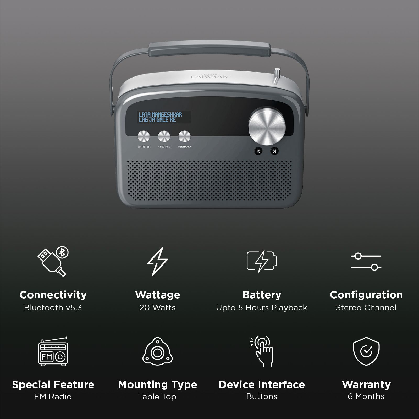 SAREGAMA Carvaan Lite 20 Watts Portable Bluetooth Speaker (5 Hours Playtime, SCL 190, Graphite Grey)_3