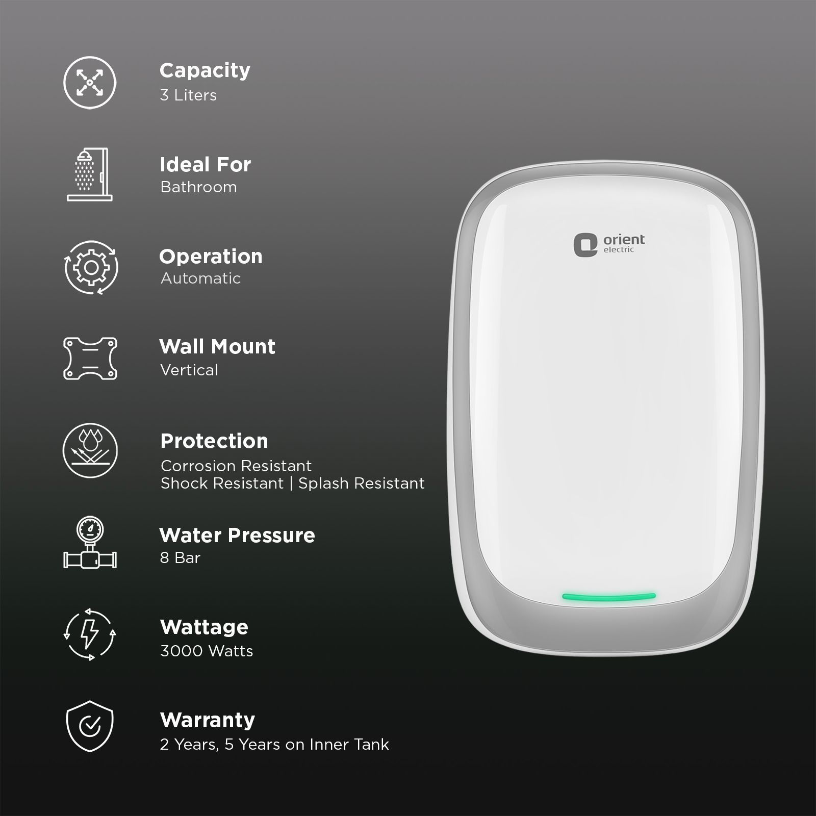 Orient Aura Plus 3 Litre Vertical Instant Geyser with 5 Level Safety Shield (White and Grey)_3