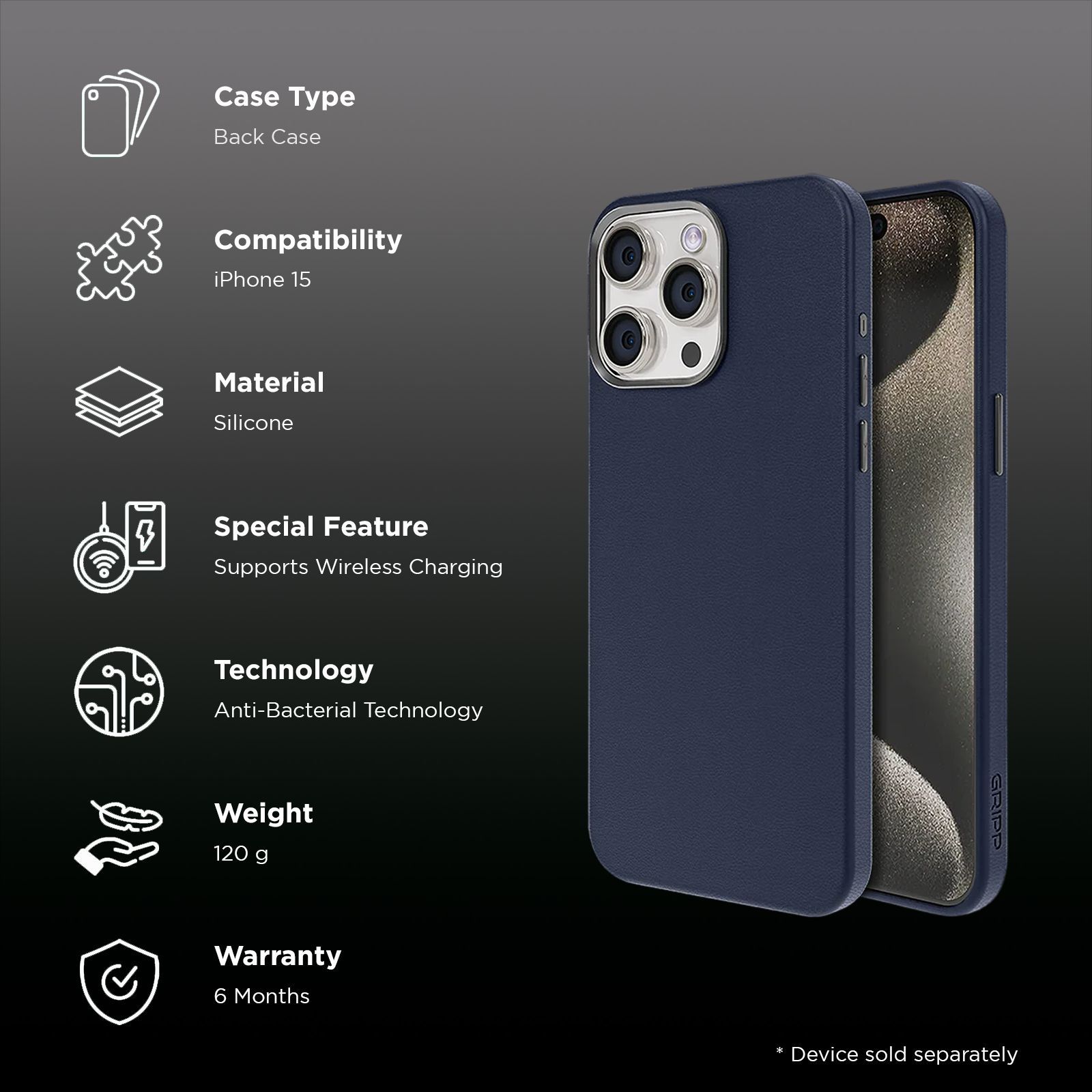 GRIPP Heritage Xtreme Liquid Silicone Back Cover for iPhone 15 (Anti Bacterial Technology, Blue) GRIPP Heritage Xtreme Liquid Silicone Back Cover for iPhone 15 (Anti Bacterial Technology, Blue)_2