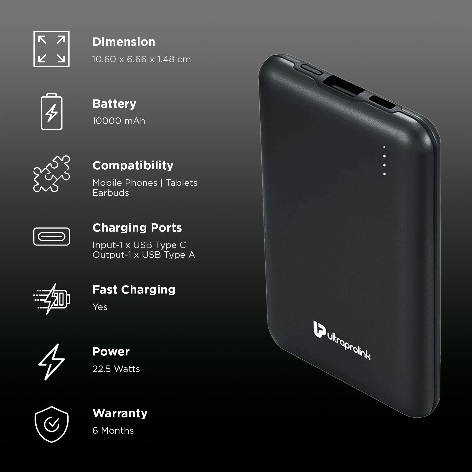 ultraprolink Juice Up Slim 10000 mAh 22.5W Fast Charging Power Bank (1 Type A & 1 Type C Ports, Metal Casing, Pass Thru Charging, Black)_3