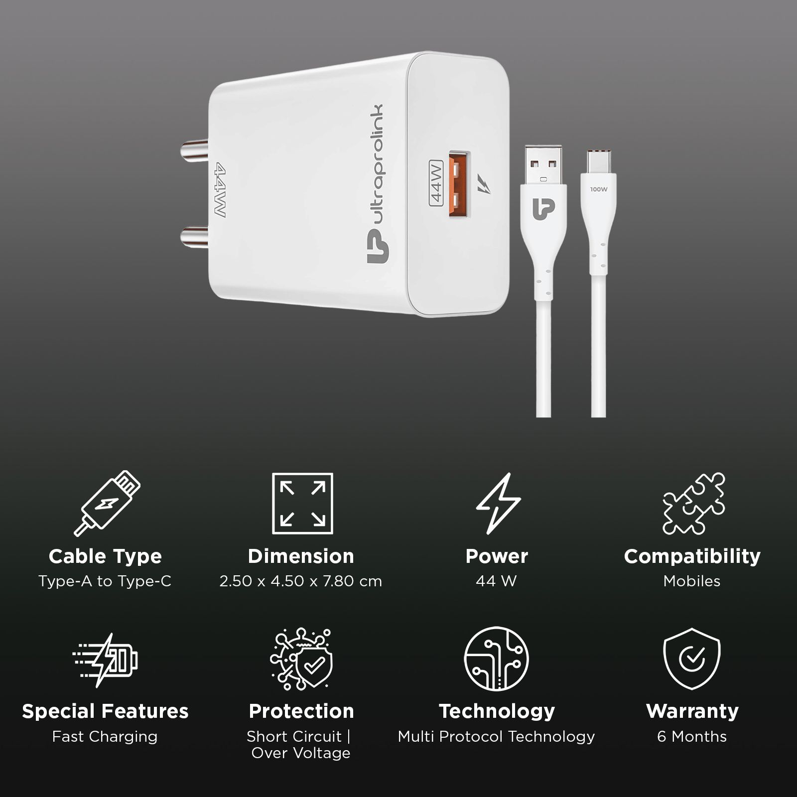 ultraprolink UM1135 44W Type C Fast Charger (Type A to Type C Cable, Short Circuit Protection, White)_2