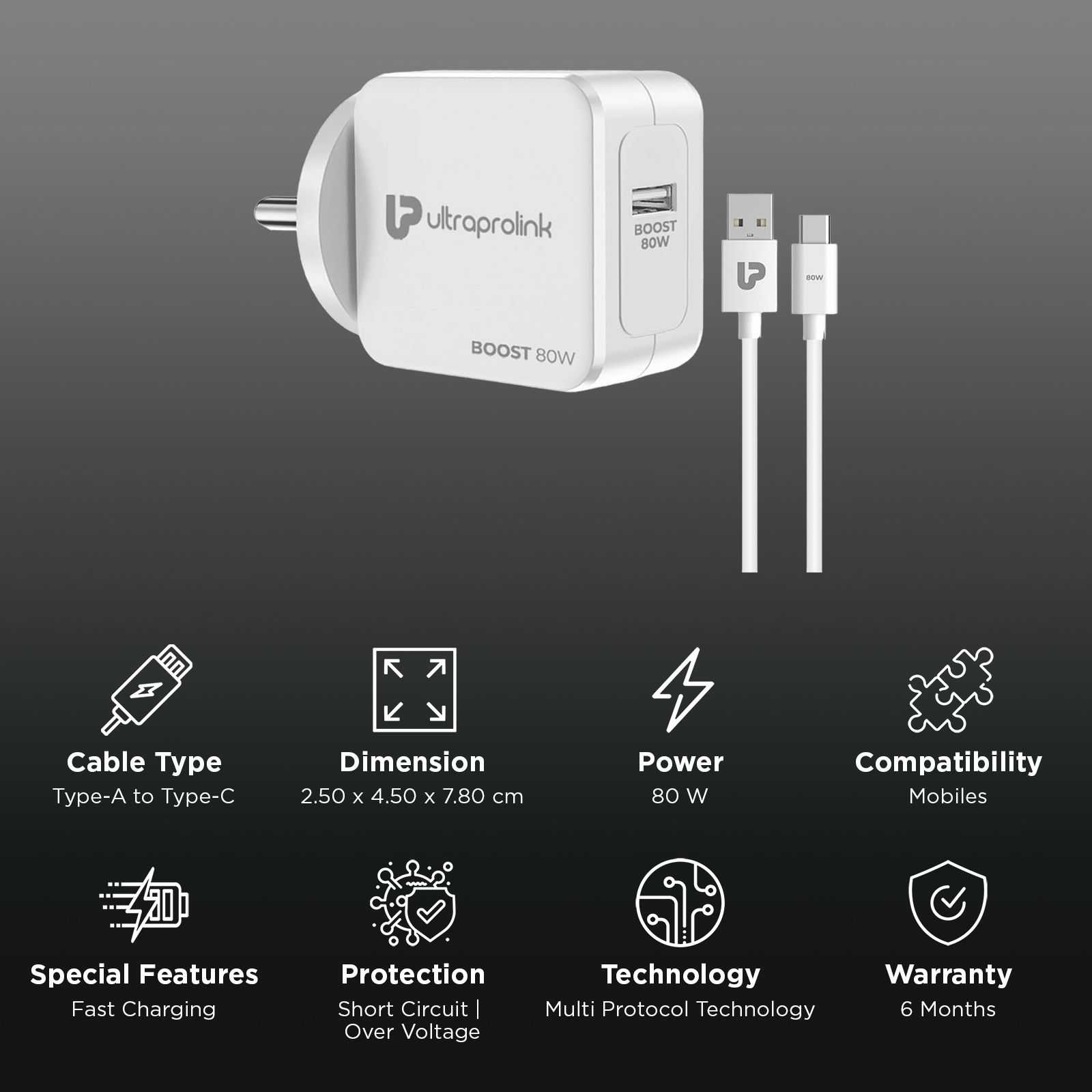 ultraprolink Boost 80W Type C Fast Charger (Type A to Type C Cable, Short Circuit Protection, White)_2