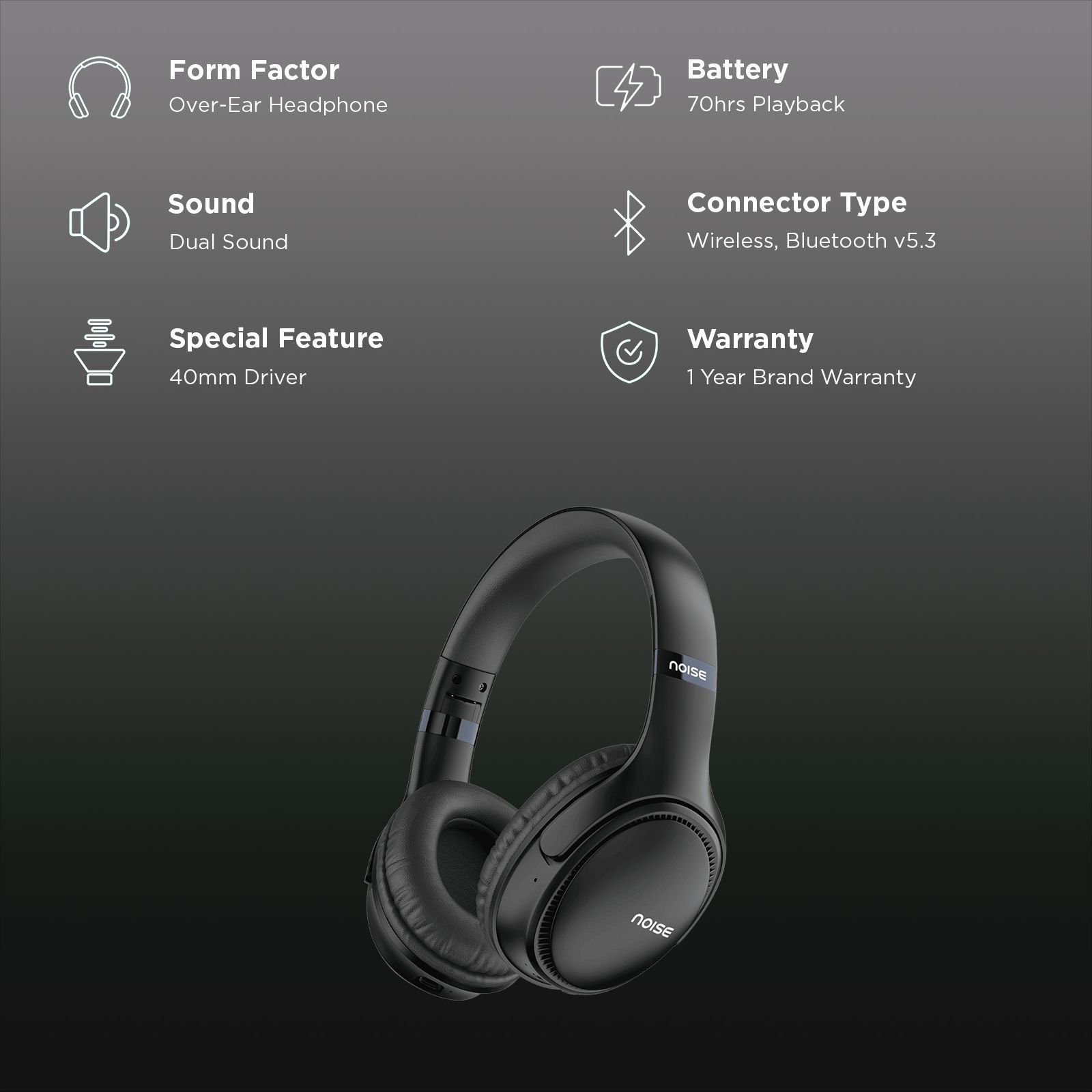 noise Three Bluetooth Headphone with Mic (Google Assistant Enabled, Over Ear, Jet Black)_2