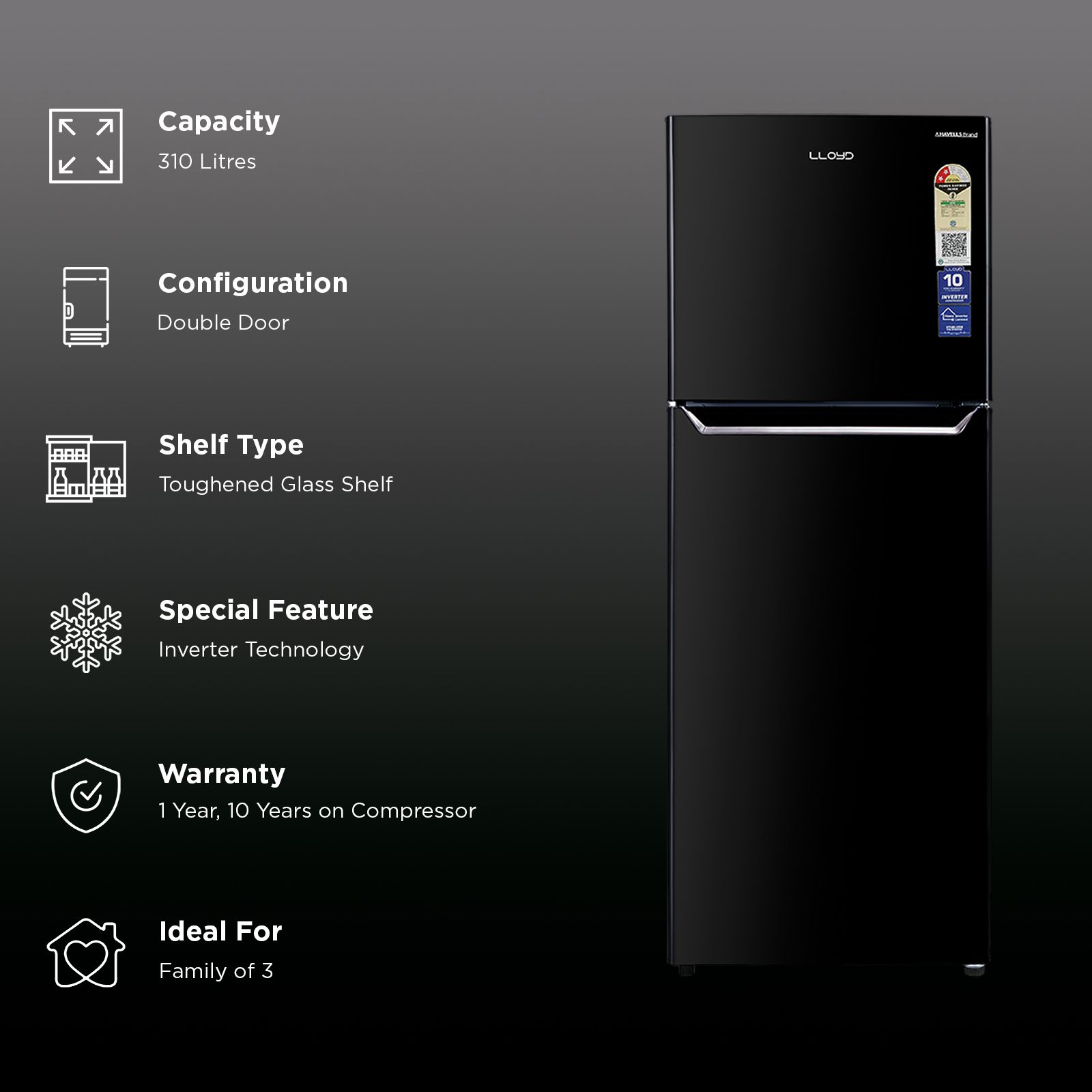 LLOYD 310 Litres 2 Star Frost Free Double Door Convertible Refrigerator with Bactsheild Technology (GLFF342AMBC1GC, Metallic Black)_2