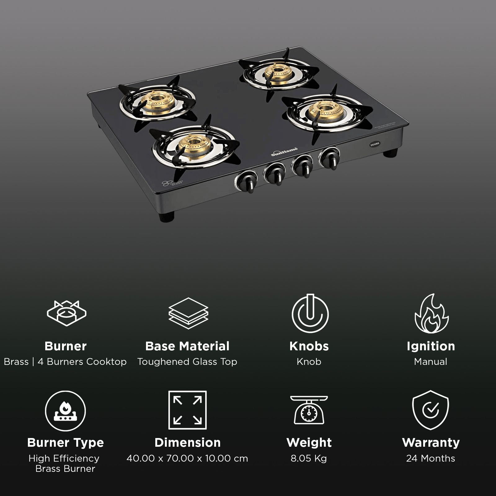 Sunflame Desire Toughened Glass Top 4 Burner Manual Gas Stove (Powder Coated Pan Supports, Black)_3