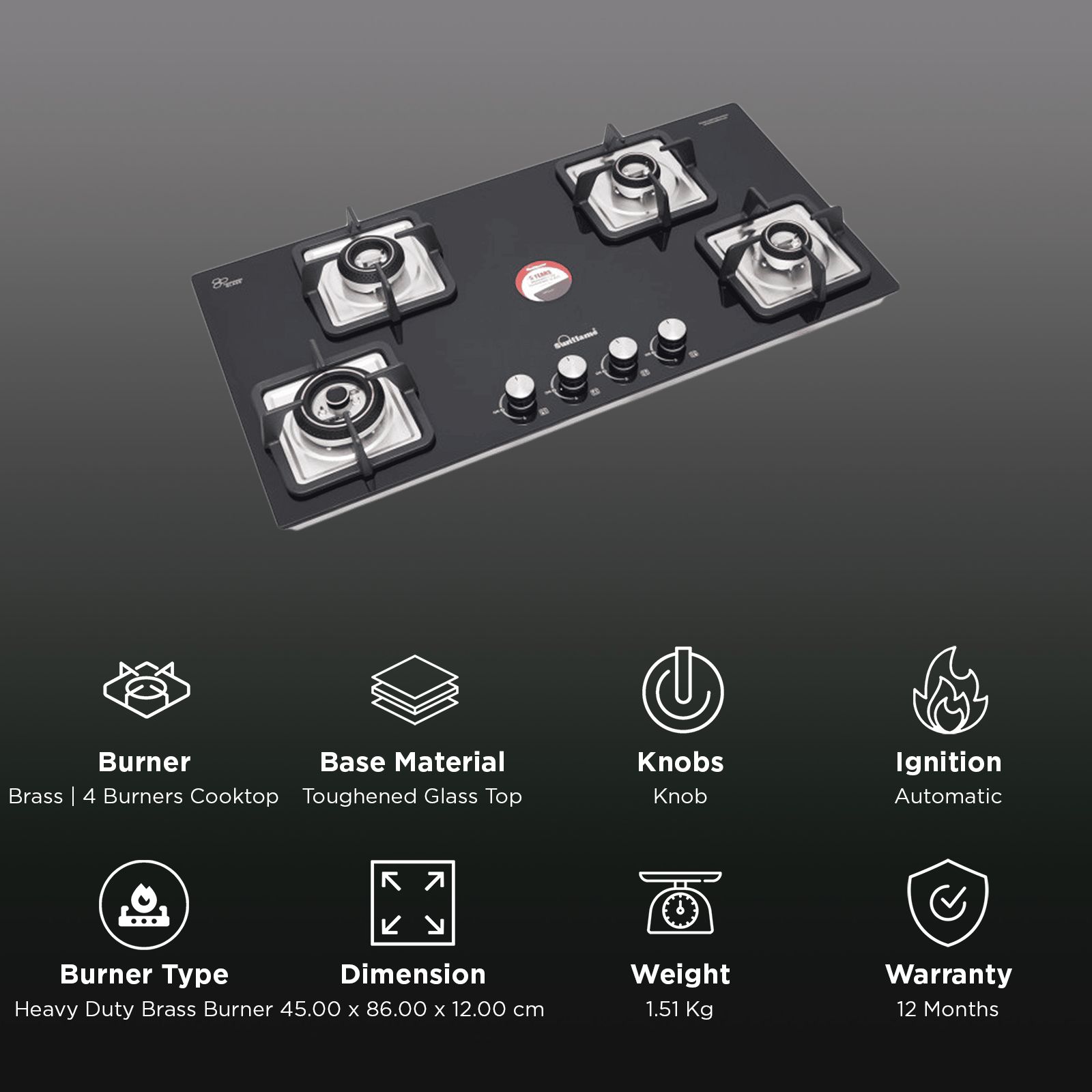 Sunflame SFD486BCS Toughened Glass Top 4 Burner Automatic Hob (Cast Iron Pan Supports, Black) Sunflame SFD486BCS Toughened Glass Top 4 Burner Automatic Hob (Cast Iron Pan Supports, Black)_3