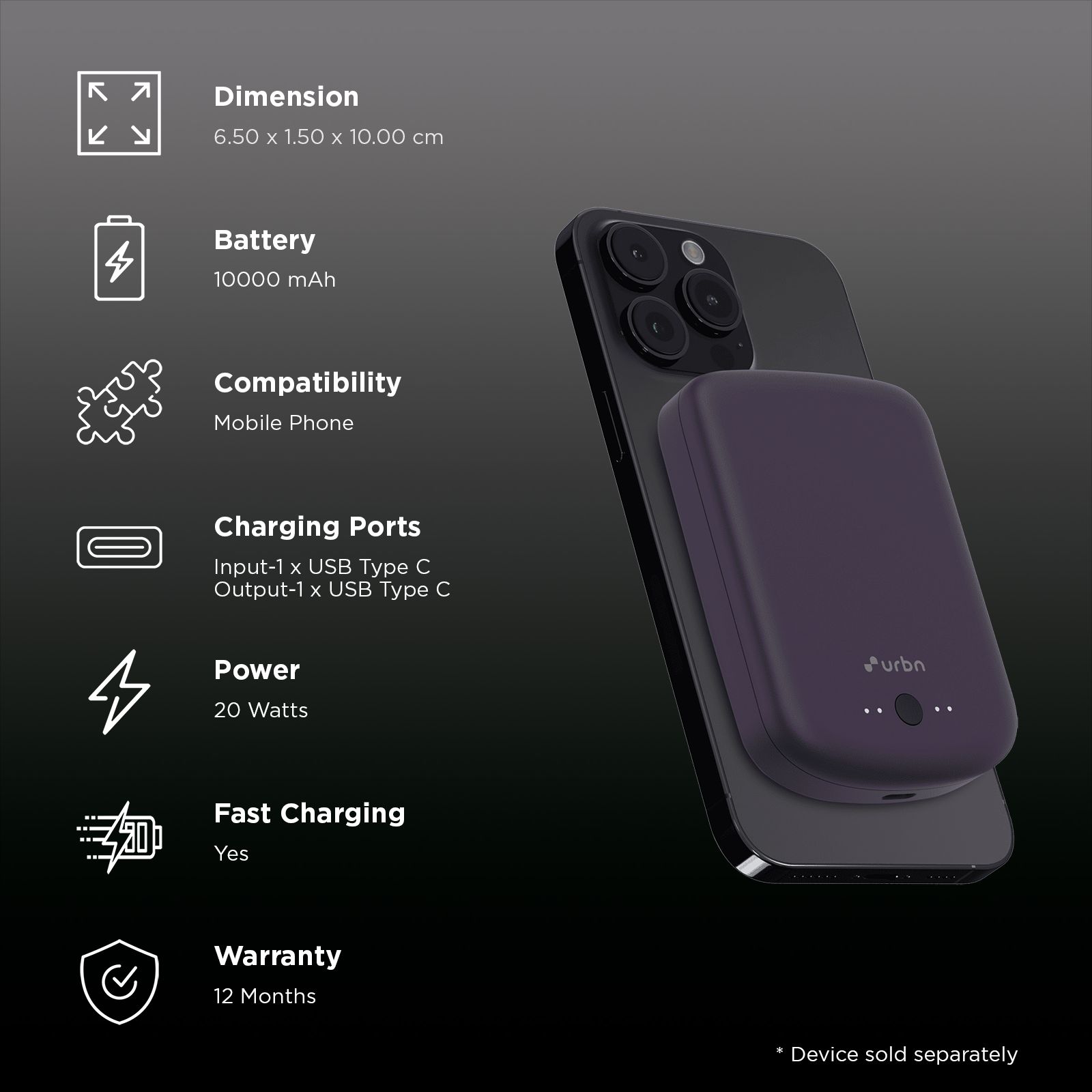 urbn Compact MagTag 10000 mAh 15W Fast Charging Power Bank (1 Type C Ports, MagSafe Compatible, Purple) urbn Compact MagTag 10000 mAh 15W Fast Charging Power Bank (1 Type C Ports, MagSafe Compatible, Purple)_3
