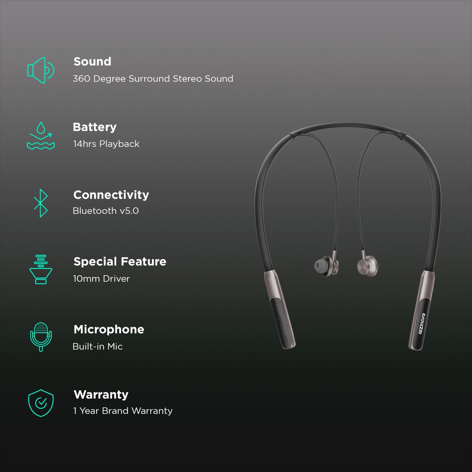 GIZmore GIZ MN217 Neckband (Sweatproof, 360 Degree Surround Stereo Sound, Black)_2