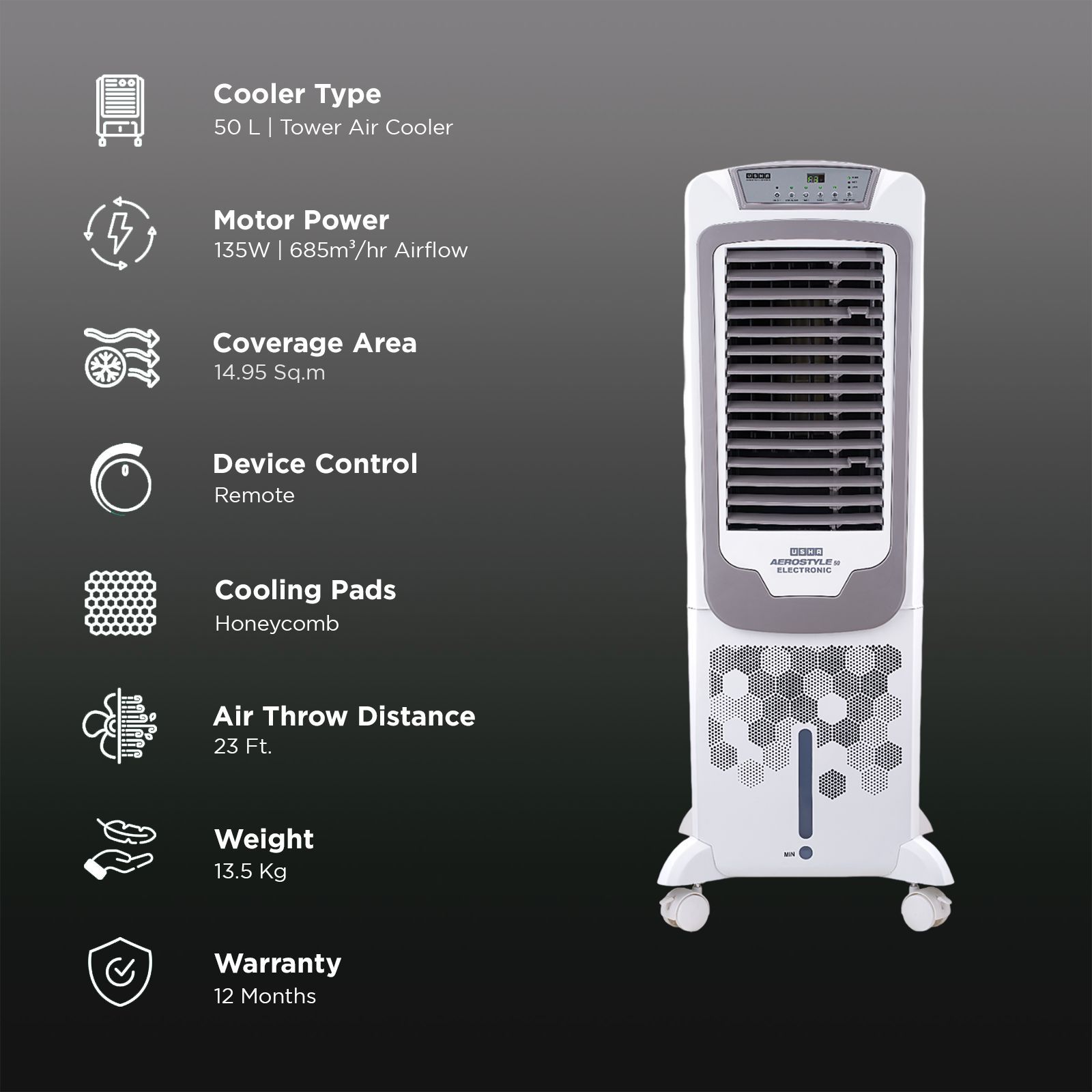 USHA AeroStyles 50 Litres Tower Air Cooler with Dust Filter (EasyClean Ice Chamber, White)_3