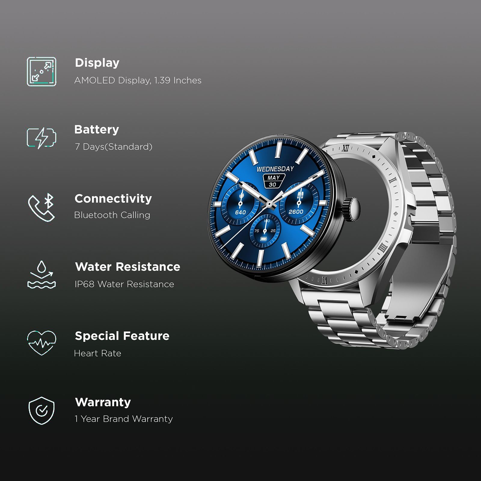 boAt Enigma Switch Smartwatch with Bluetooth Calling (35.3mm HD Display, IP68 Sweat Resistant, Steel Silver Strap)_2