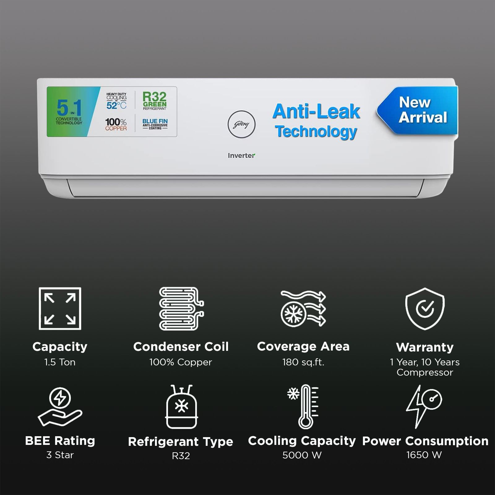 Godrej T Series 5 in 1 Convertible 1.5 Ton 3 Star Inverter Split AC with Anti Dust Filter (Copper Condenser, SIC 18DTC3 GWA AL)_2