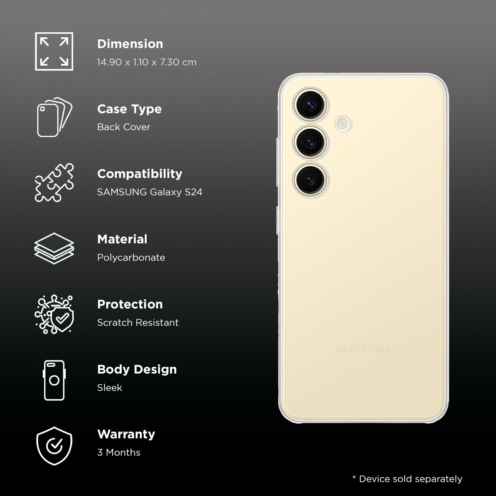 SAMSUNG GPFPS921SAATI Polycarbonate Back Cover for Galaxy S24 5G (Scratch Resistant Coating, Transparent)_2