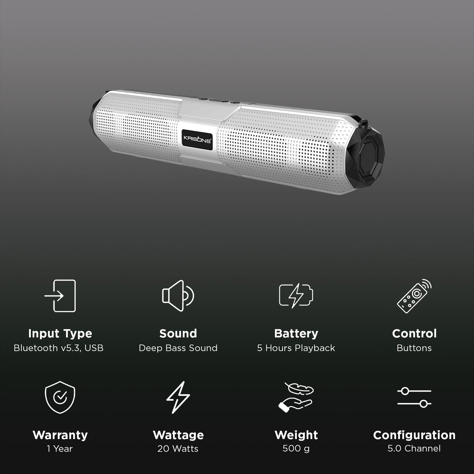 Krisons WonderBar 20W Bluetooth Soundbar (Deep Bass Audio, 5.0 Channel, Silver)_3