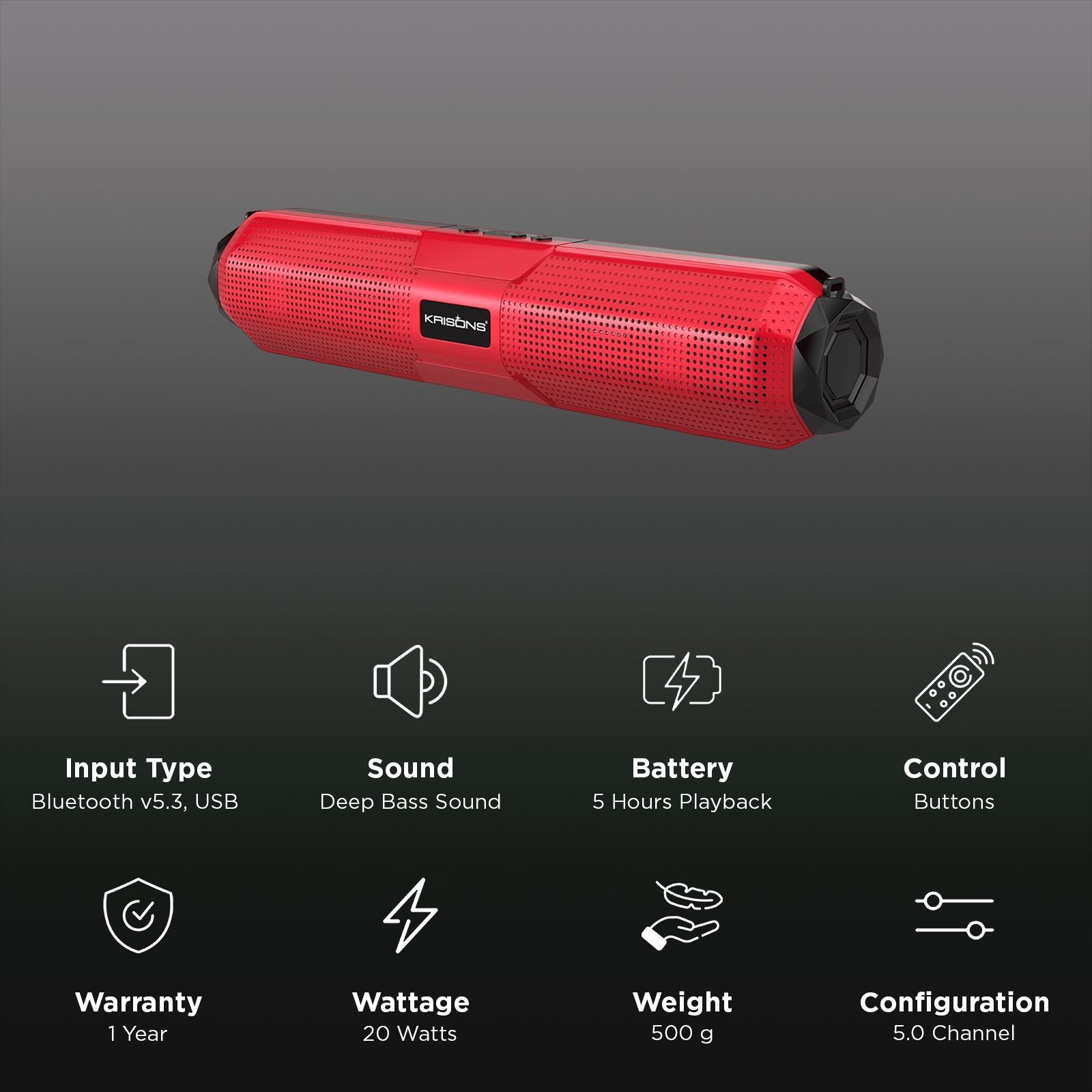 Krisons WonderBar 20W Bluetooth Soundbar (Deep Bass Audio, 5.0 Channel, Red)_3