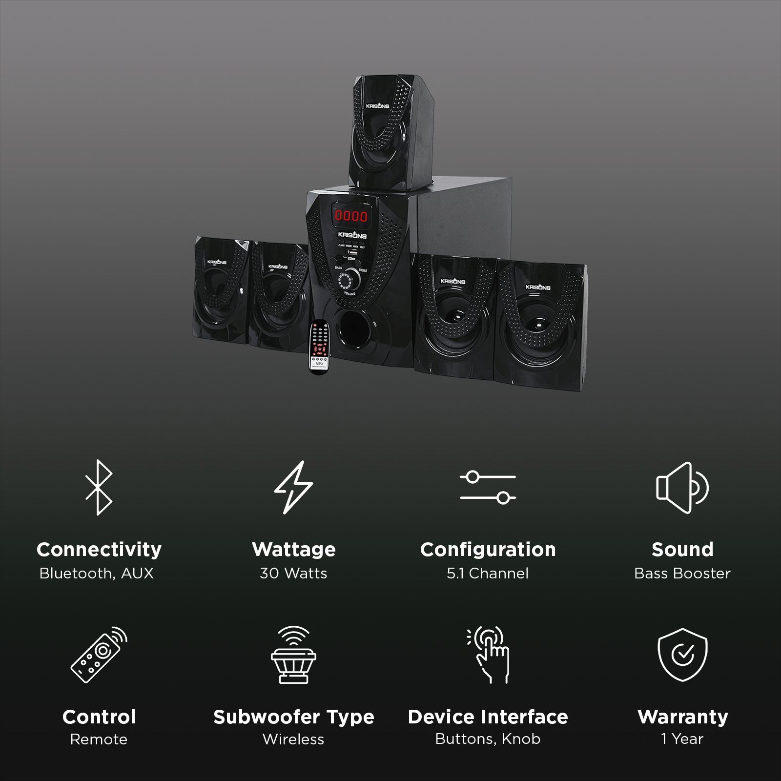 Krisons Nexon 30W Bluetooth Home Theatre with Remote (Deep Bass, 5.1 Channel, Black) Krisons Nexon 30W Bluetooth Home Theatre with Remote (Deep Bass, 5.1 Channel, Black)_3