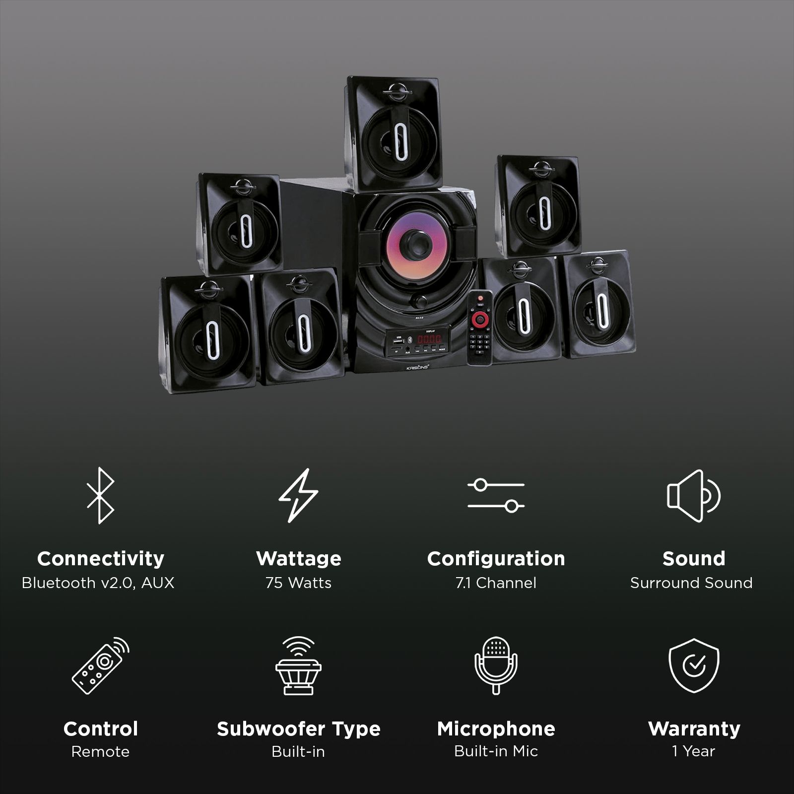 Krisons Boom 75W Bluetooth Home Theatre with Remote (7.1 Channel, Black) Krisons Boom 75W Bluetooth Home Theatre with Remote (7.1 Channel, Black)_3