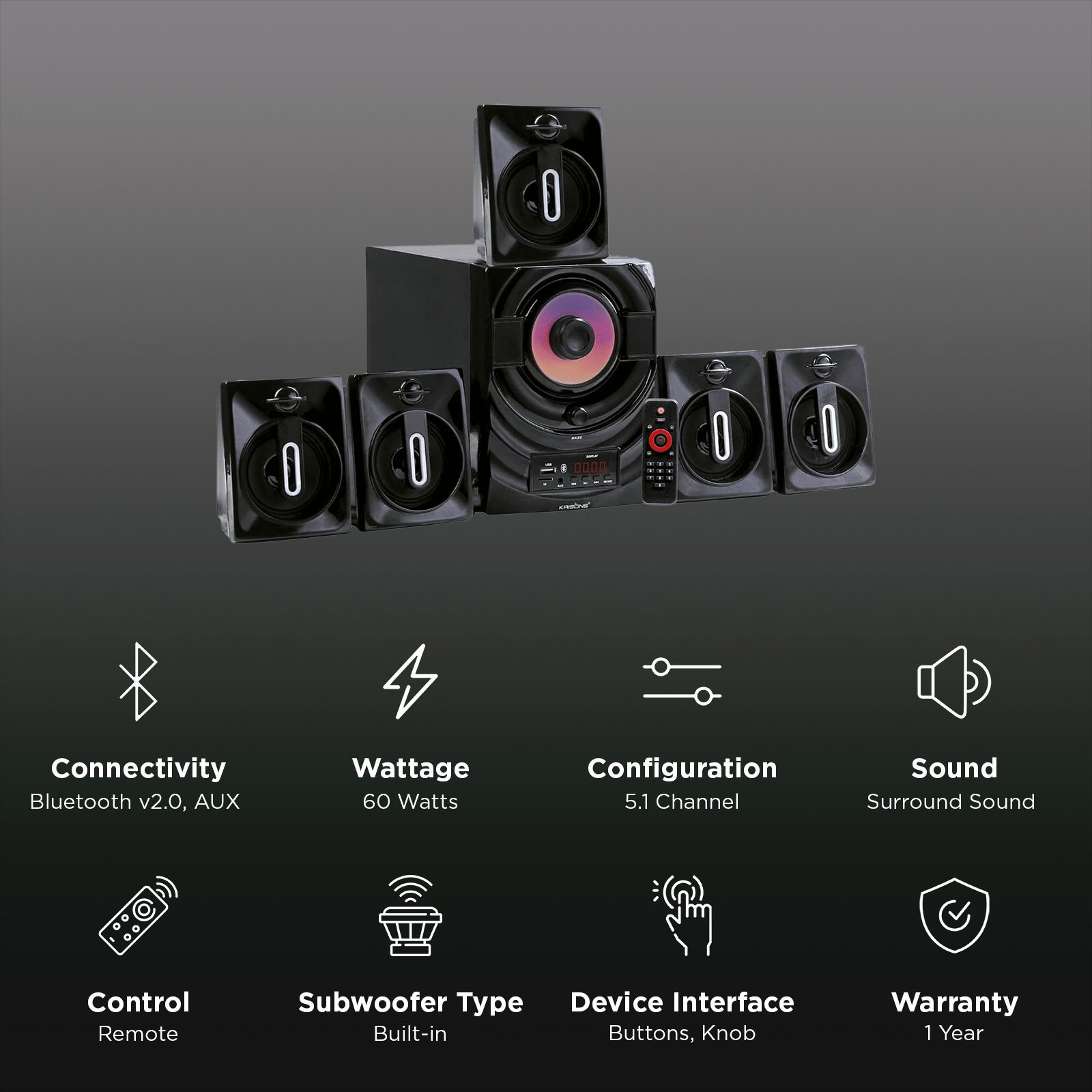 Krisons Crown 60W Bluetooth Home Theatre with Remote (5.1 Channel, Black) Krisons Crown 60W Bluetooth Home Theatre with Remote (5.1 Channel, Black)_3