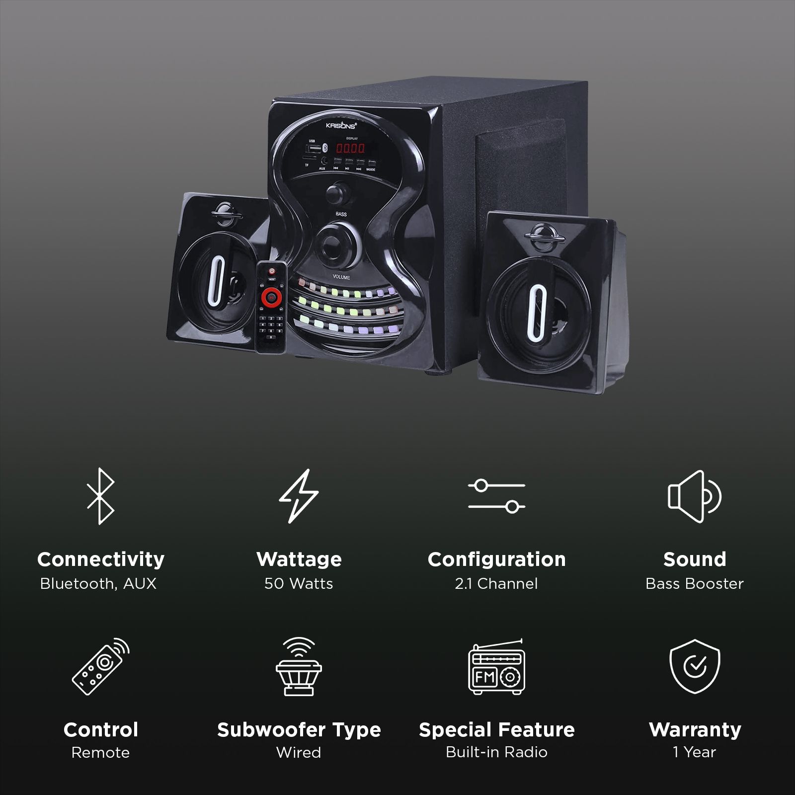Krisons Rainbow 50W Bluetooth Home Theatre with Remote (Bass boost, 2.1 Channel, Black)_3