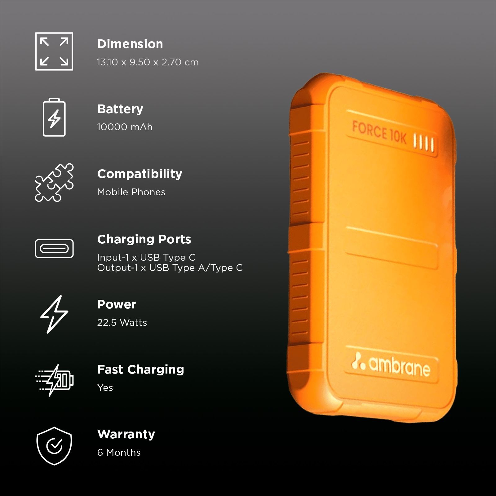 ambrane Force 10000 mAh 22.5W Fast Charging Power Bank (1 Type C & 1 Type A Ports, Multi-Layers of Chipset Protection, Orange)_3
