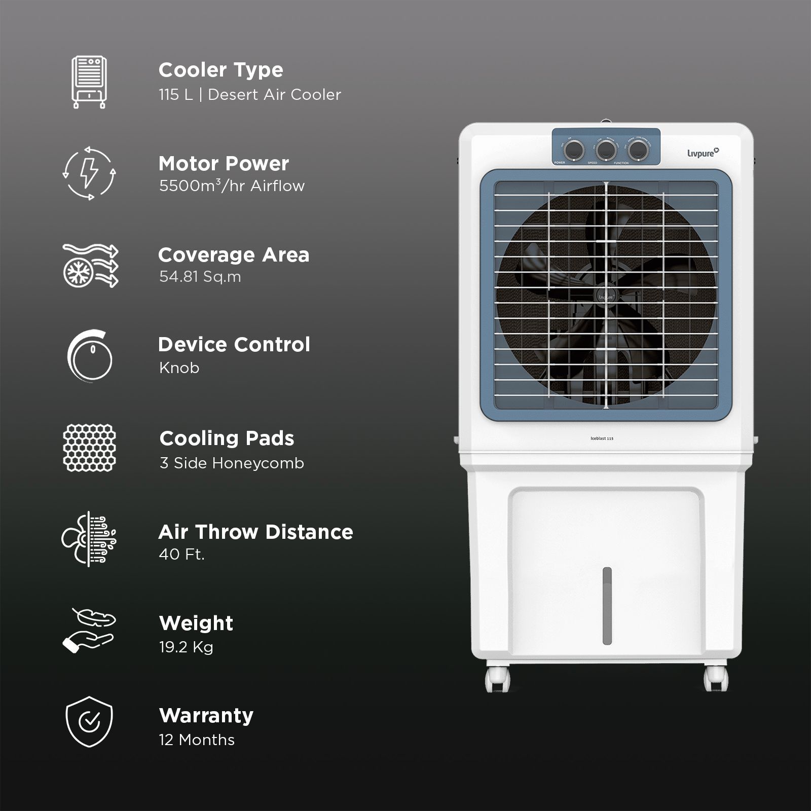 Livpure Ice Blast 115 Litres Desert Air Cooler with Temperature Overload Protection (Inverter Compatible, White & Blue)_3