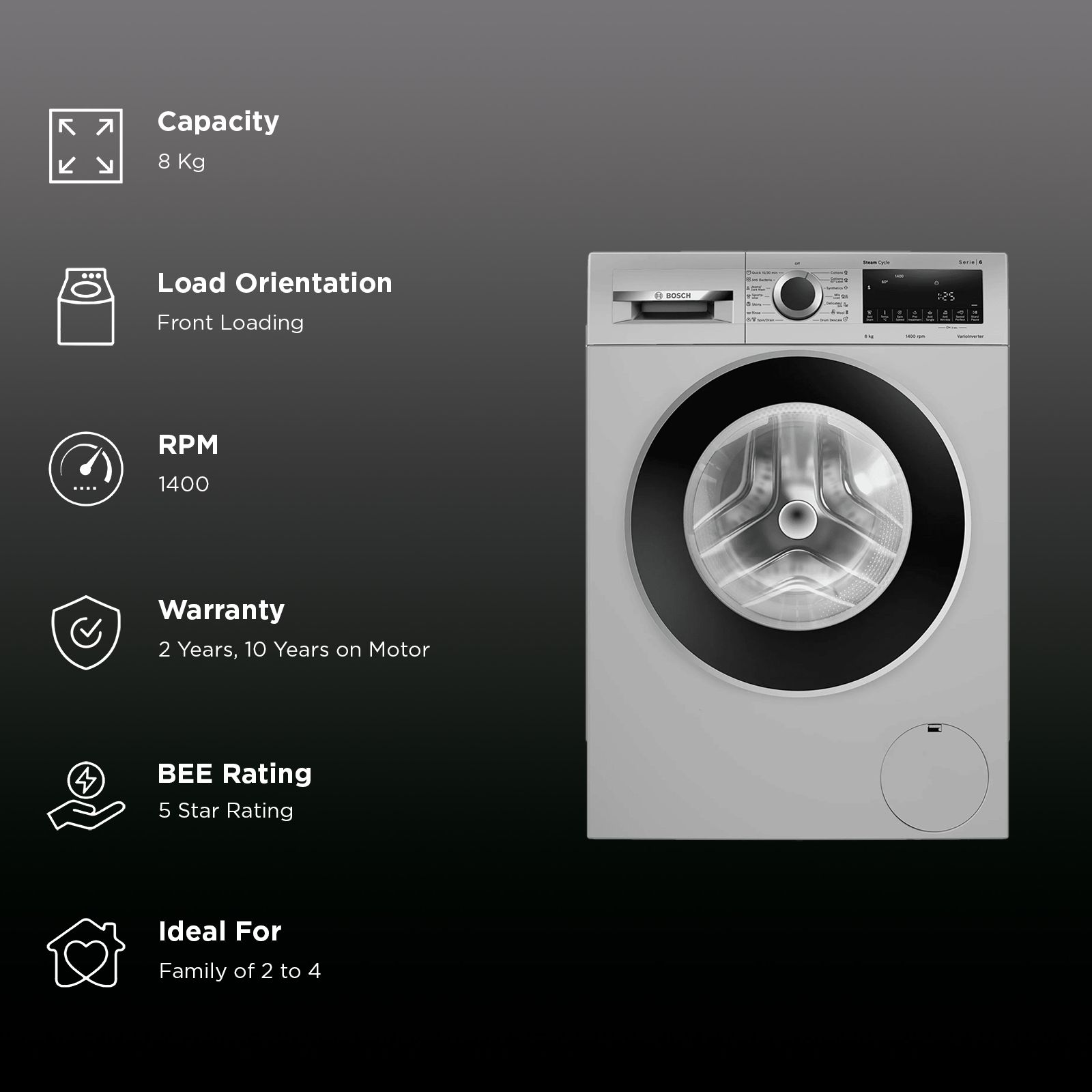 BOSCH 8 kg Fully Automatic Front Load Washing Machine (Series 6, WGA1340SIN, Auto Stain Removal, Silver)_2