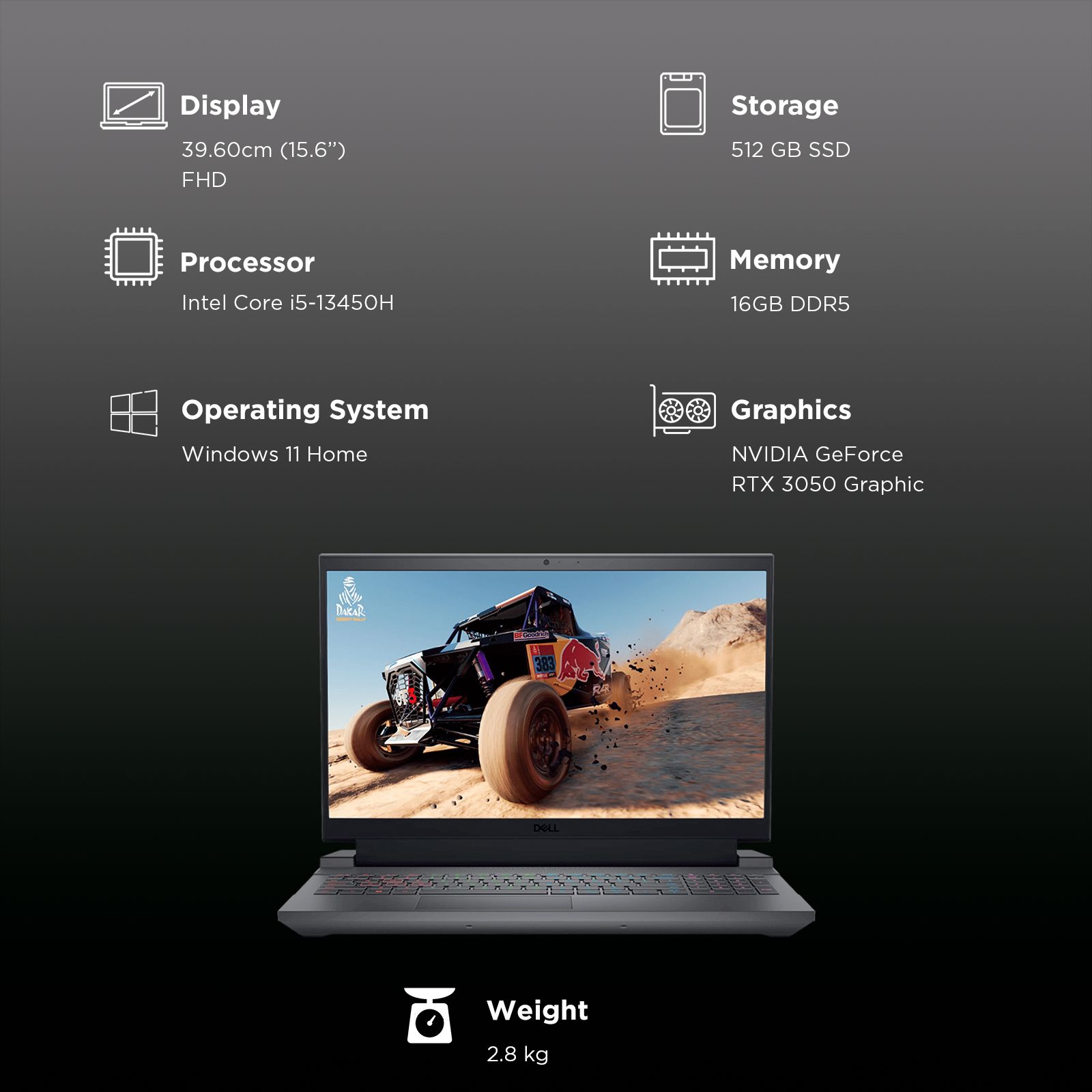 DELL G15 5530 Intel Core i5 13th Gen Gaming Laptop (16GB, 512GB SSD, Windows 11 Home, 6GB Graphics, 15.6 inch 120 Hz Full HD Display, NVIDIA GeForce RTX 3050, MS Office 2021, Dark Shadow Gray, 2.8 KG)_3