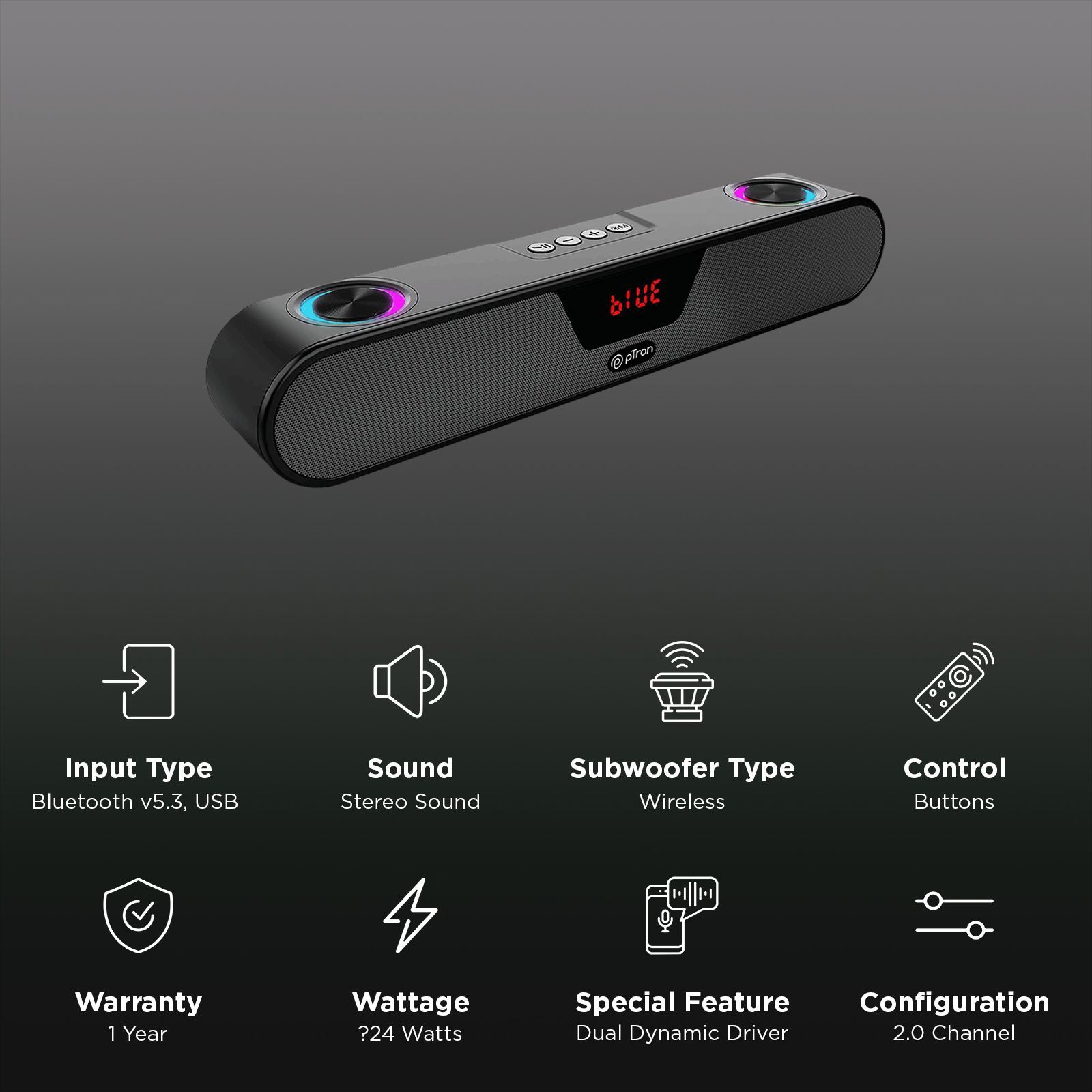 pTron Fusion Concert 24W Bluetooth Soundbar (Deep Bass, Black) pTron Fusion Concert 24W Bluetooth Soundbar (Deep Bass, Black)_3