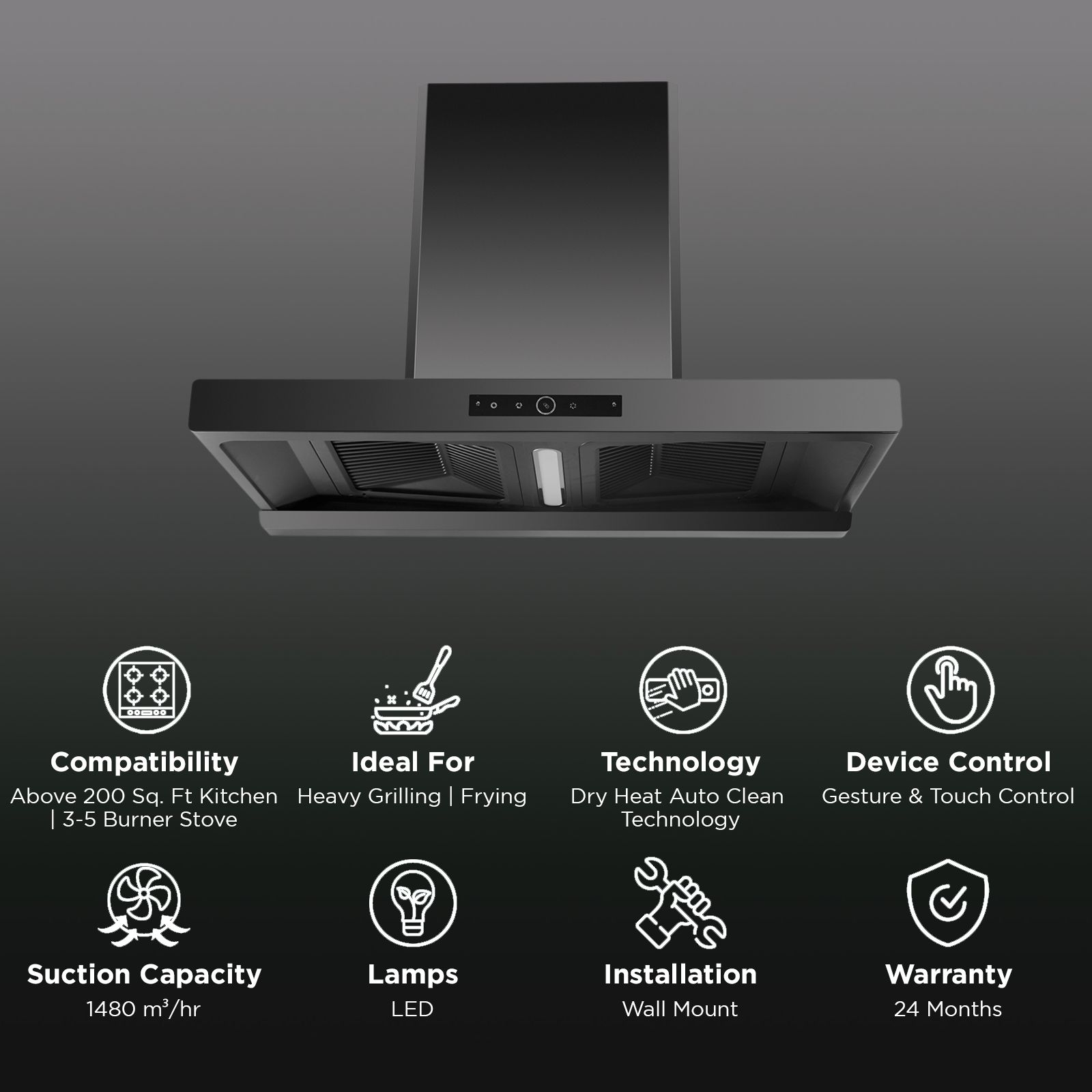 KAFF HAGEN 90 90cm 1480m³/hr Ducted Auto Clean Wall Mounted Chimney with Multi Angular Extraction (Black) _3