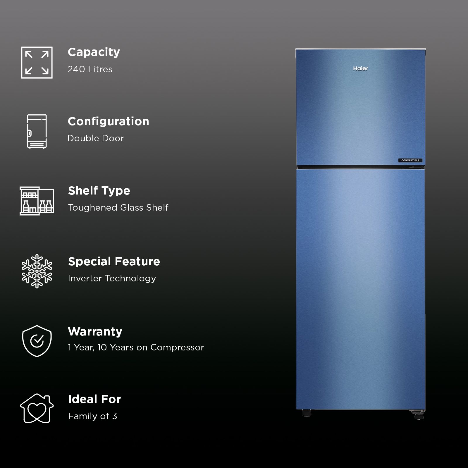 Haier 240 Litres 3 Star Frost Free Double Door Convertible Refrigerator with Antibacterial Gasket (HEF253GIP, Green Inox)_3