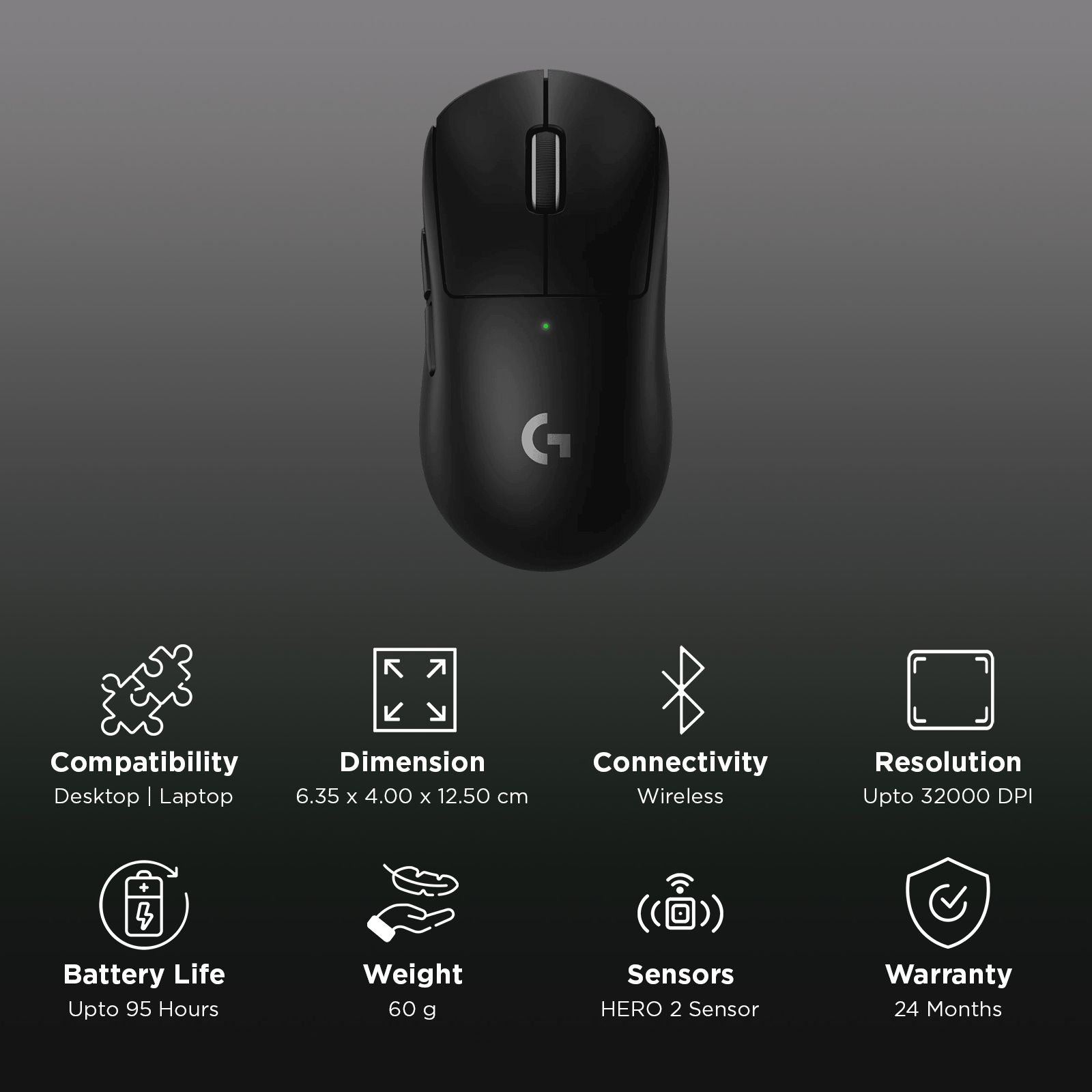 logitech Pro X Superlight 2 Rechargeable Wireless Optical Gaming Mouse with Lightforce Hybrid Switches (32000 DPI Adjustable, No Additive PTFE Feet, Black)_3