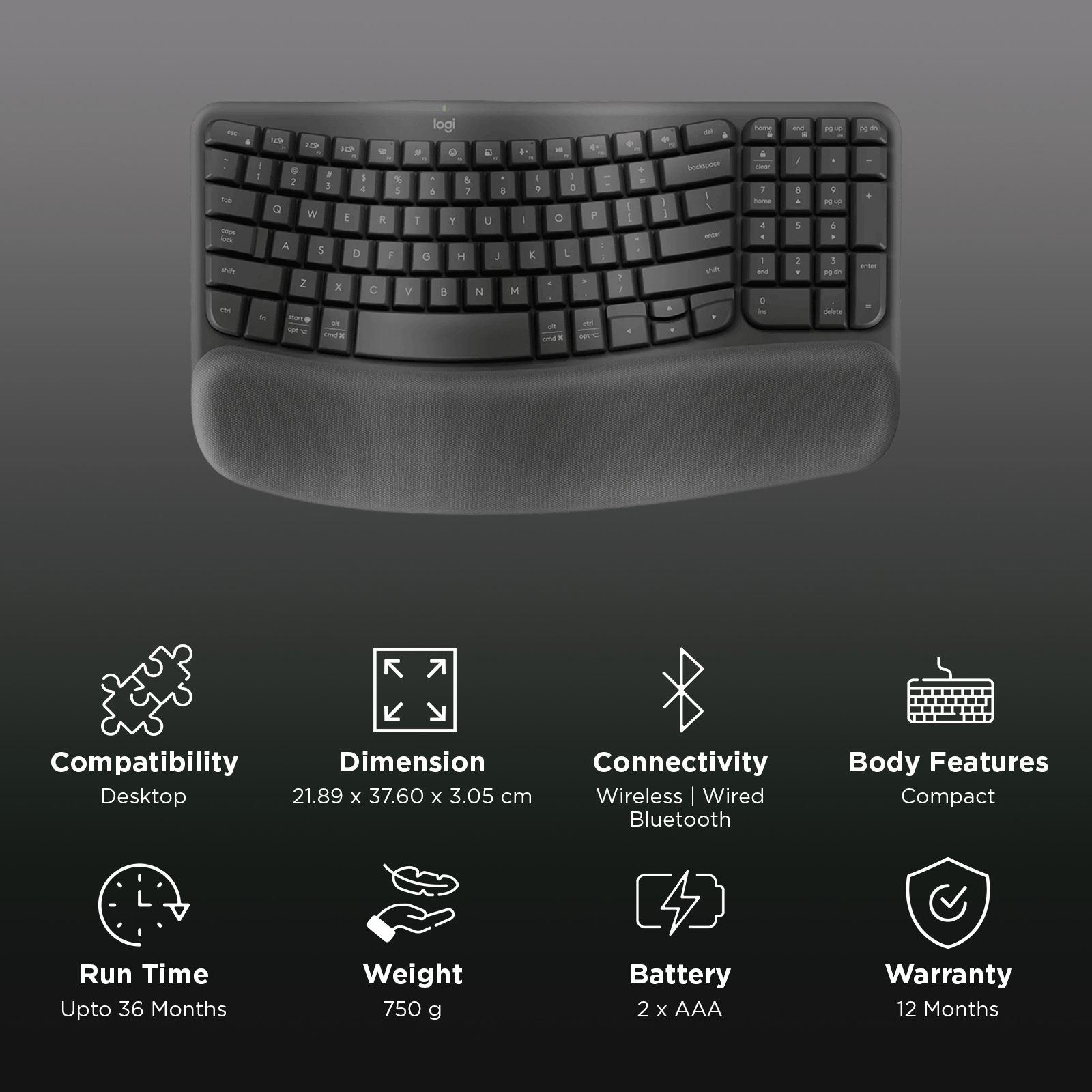 logitech Wave Keys Bluetooth Wireless Keyboard with Cushioned Palm Rest (Easy Switch Keys, Graphite) logitech Wave Keys Bluetooth Wireless Keyboard with Cushioned Palm Rest (Easy Switch Keys, Graphite)_3