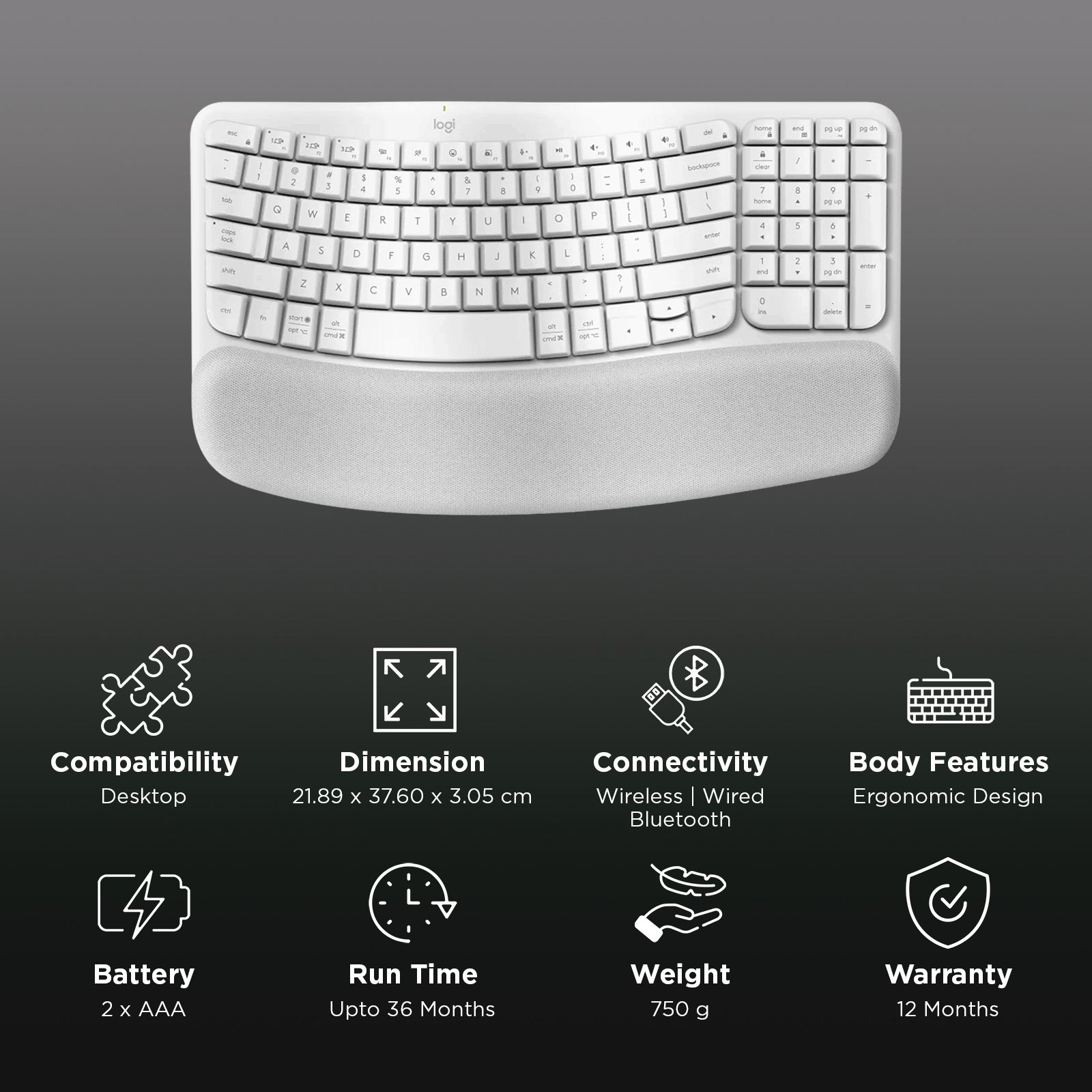 logitech Wave Keys Bluetooth Wireless Keyboard with Cushioned Palm Rest (Easy Switch Keys, Off White)_3