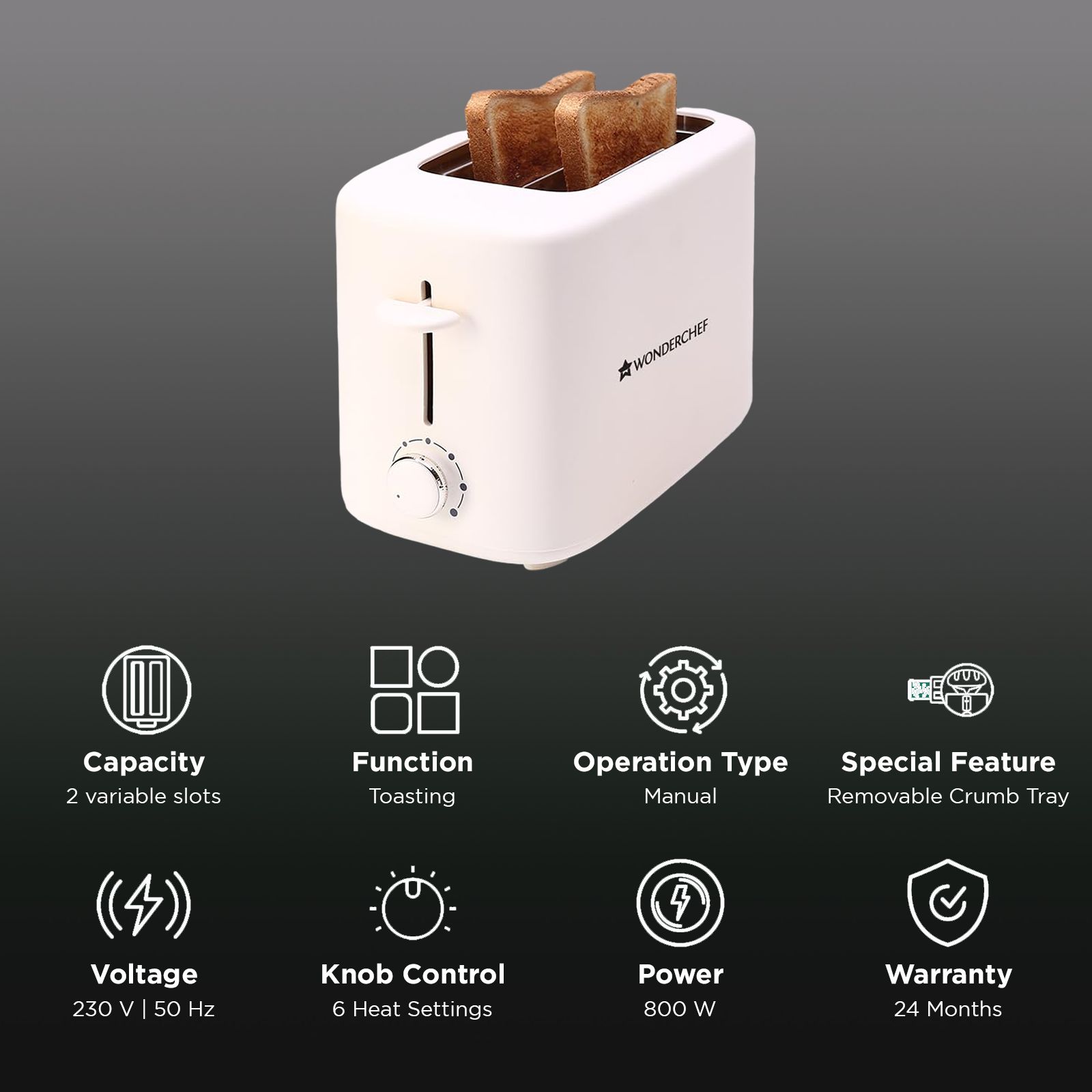 WONDERCHEF Bellagio 800W 2 Slice Pop-Up Toaster with 6 Level Browning Controls (White) WONDERCHEF Bellagio 800W 2 Slice Pop-Up Toaster with 6 Level Browning Controls (White)_2