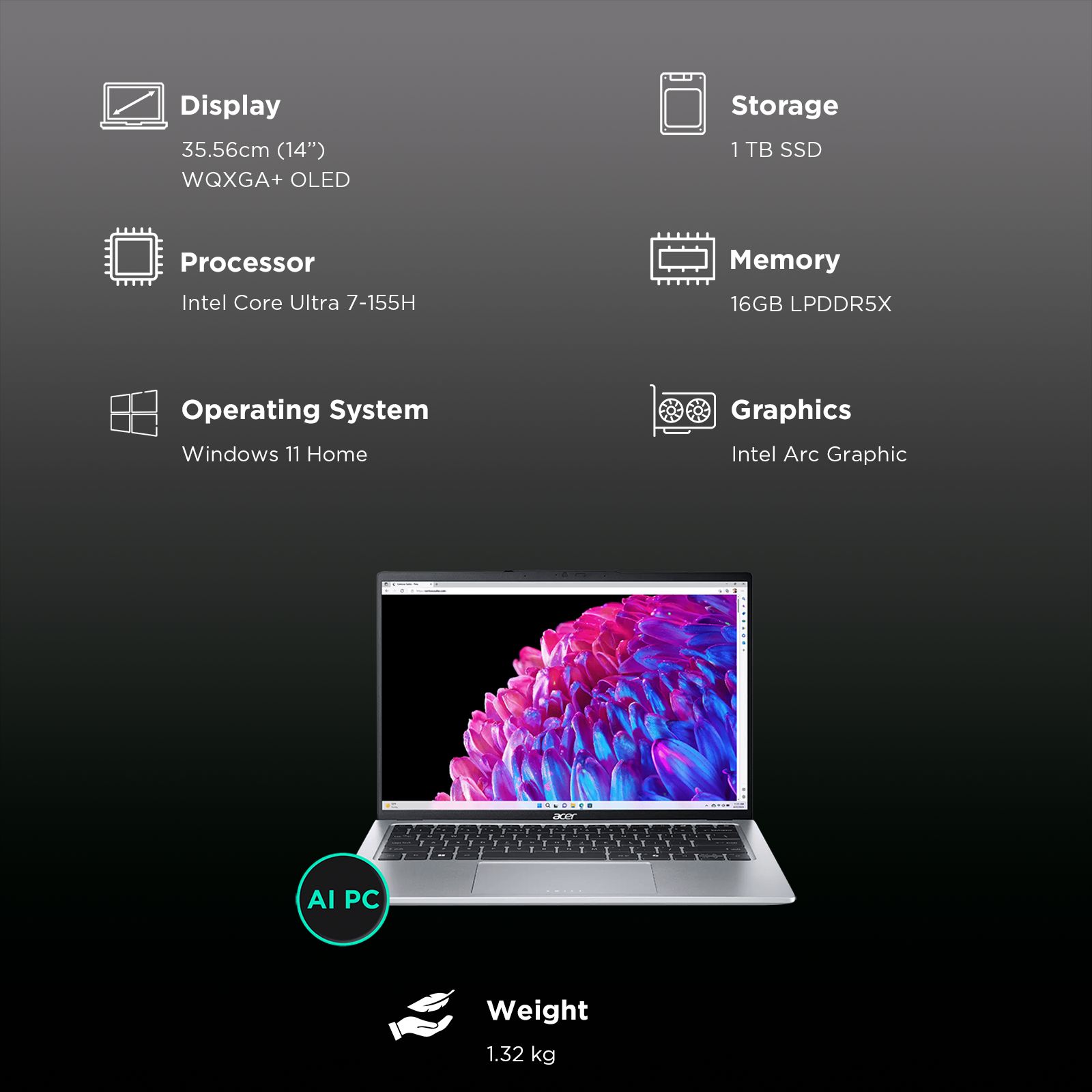 acer Swift Go 14 SFG14-73-71BY Intel Core Ultra 7 Thin & Light Laptop (16GB, 1TB SSD, Windows 11 Home, 14 inch OLED Display, MS Office 2021, Silver, 1.32 KG)_3