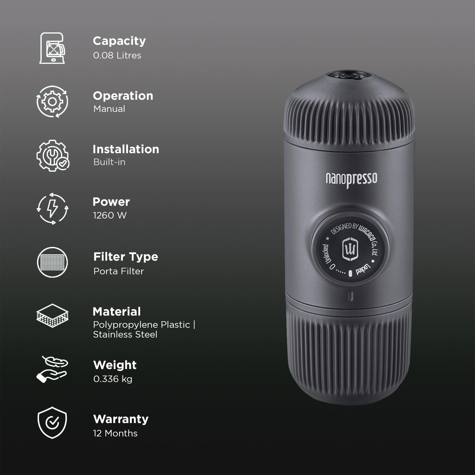 Wacaco Nanopresso Manual Espresso Coffee Maker with Filter Basket (Black)_3