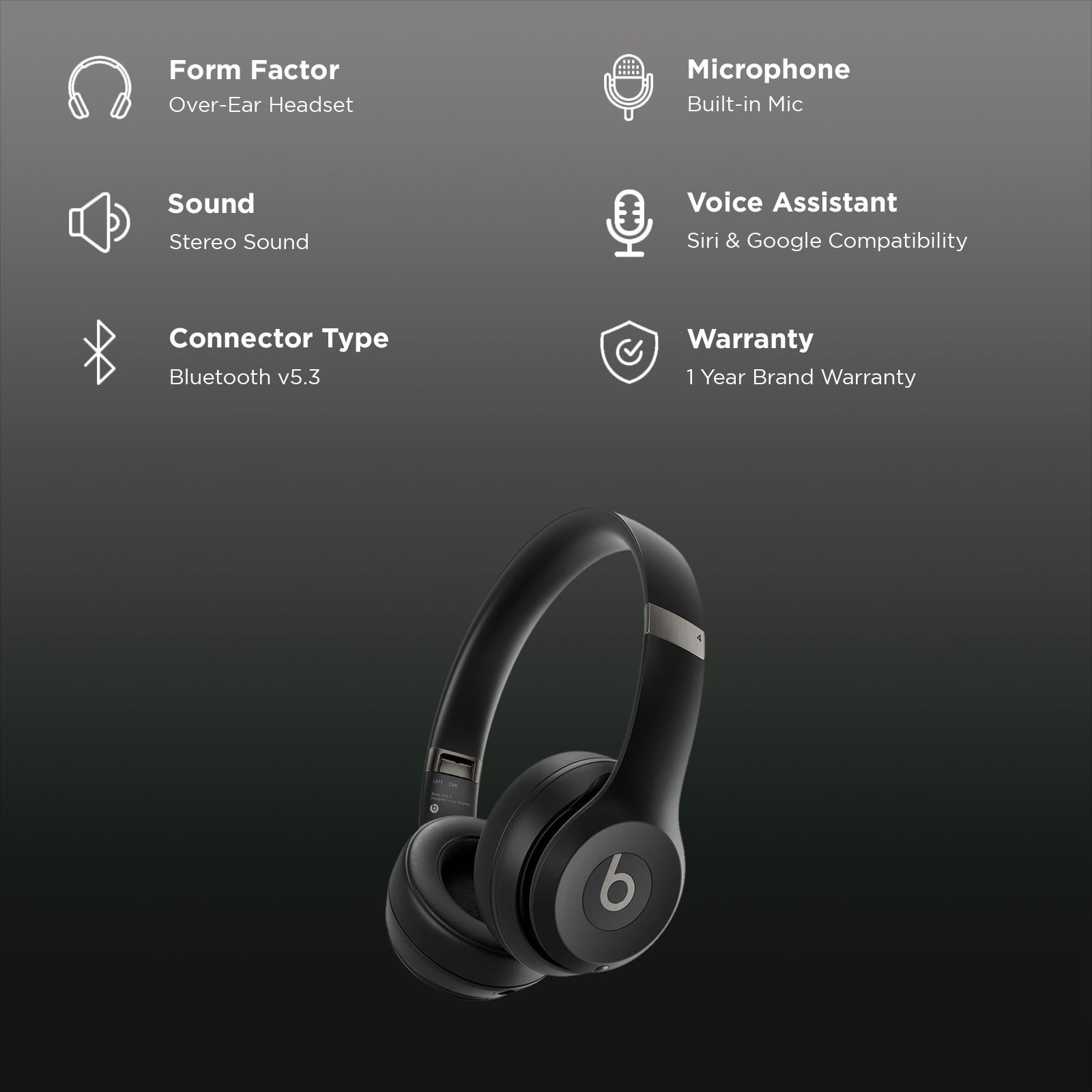 beats Solo 4 Bluetooth Headphone with Mic (Siri Voice Assistant, On Ear, Matt Black)_2