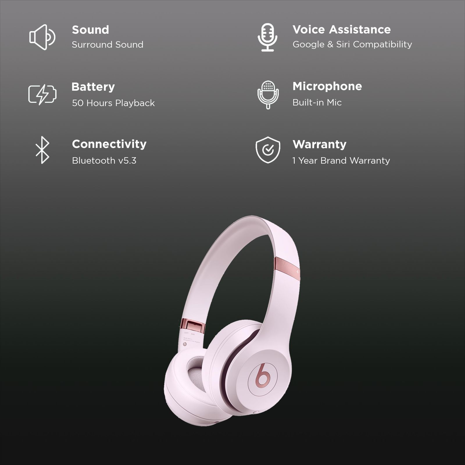 beats Solo 4 Bluetooth Headphone with Mic (Siri Voice Assistant, On Ear, Cloud Pink)_2
