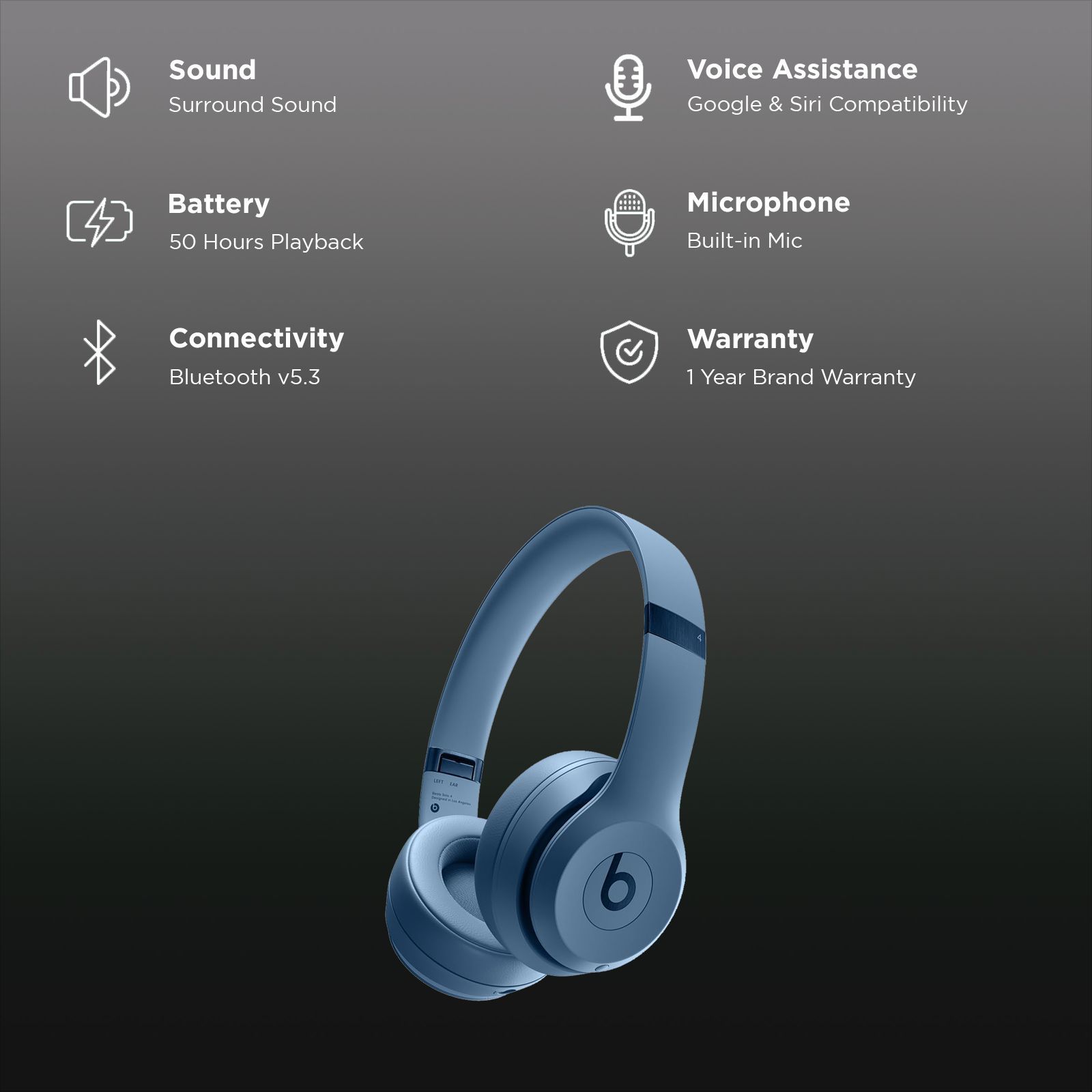 beats Solo 4 Bluetooth Headphone with Mic (Siri Voice Assistant, On Ear, Slate Blue)_2