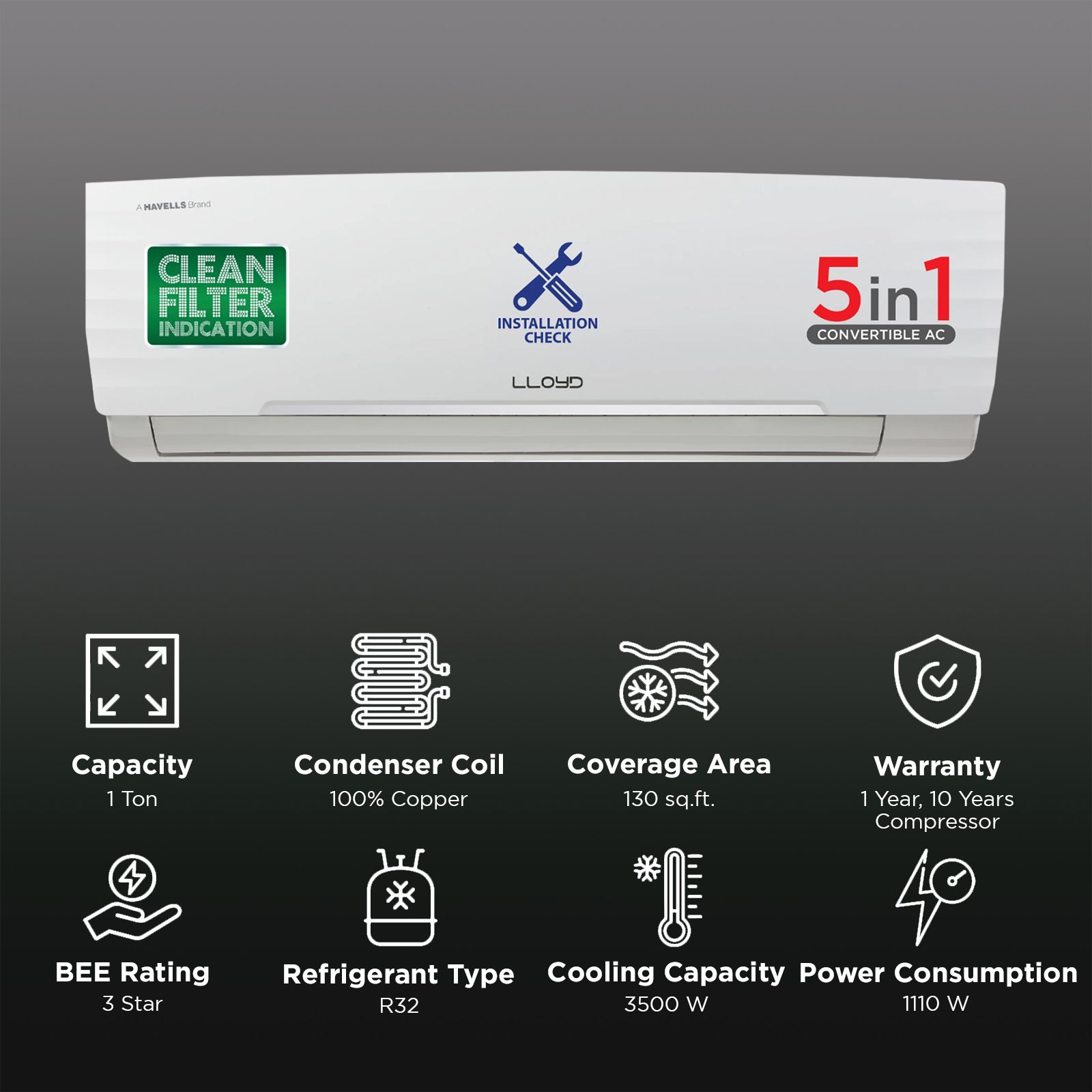 LLOYD 5 in 1 Convertible 1 Ton 3 Star Inverter Split AC with Anti-Viral Dust Filter ( Copper Condenser, GLS12I3FWAEA) LLOYD 5 in 1 Convertible 1 Ton 3 Star Inverter Split AC with Anti-Viral Dust Filter ( Copper Condenser, GLS12I3FWAEA)_2