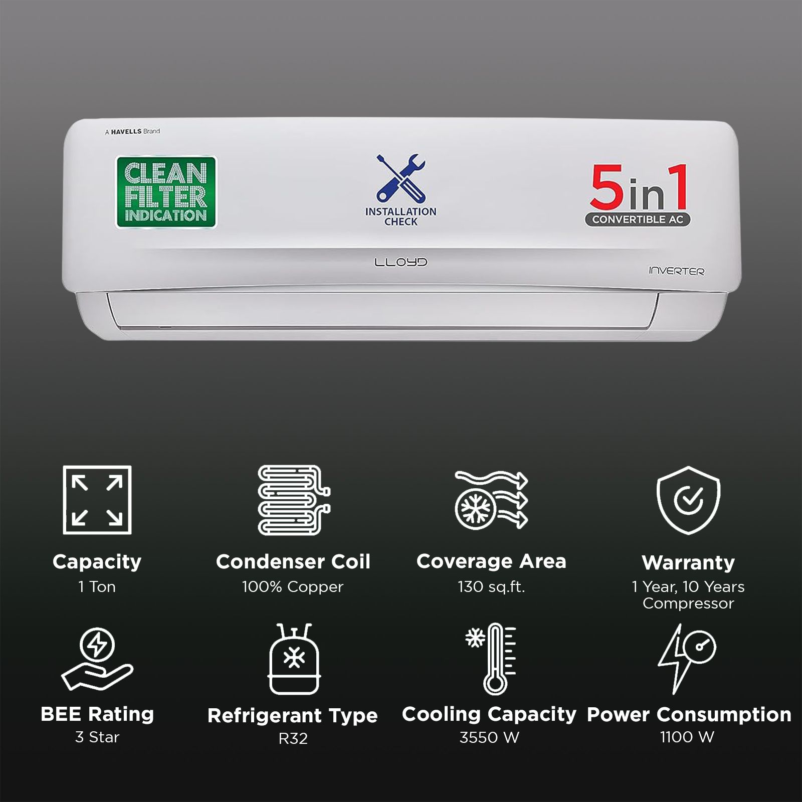 LLOYD Element 5 in 1 Convertible 1 Ton 3 Star Inverter Split AC with Anti-Viral Dust Filter (Copper Condenser, GLS12I3FOSEV) LLOYD Element 5 in 1 Convertible 1 Ton 3 Star Inverter Split AC with Anti-Viral Dust Filter (Copper Condenser, GLS12I3FOSEV)_2
