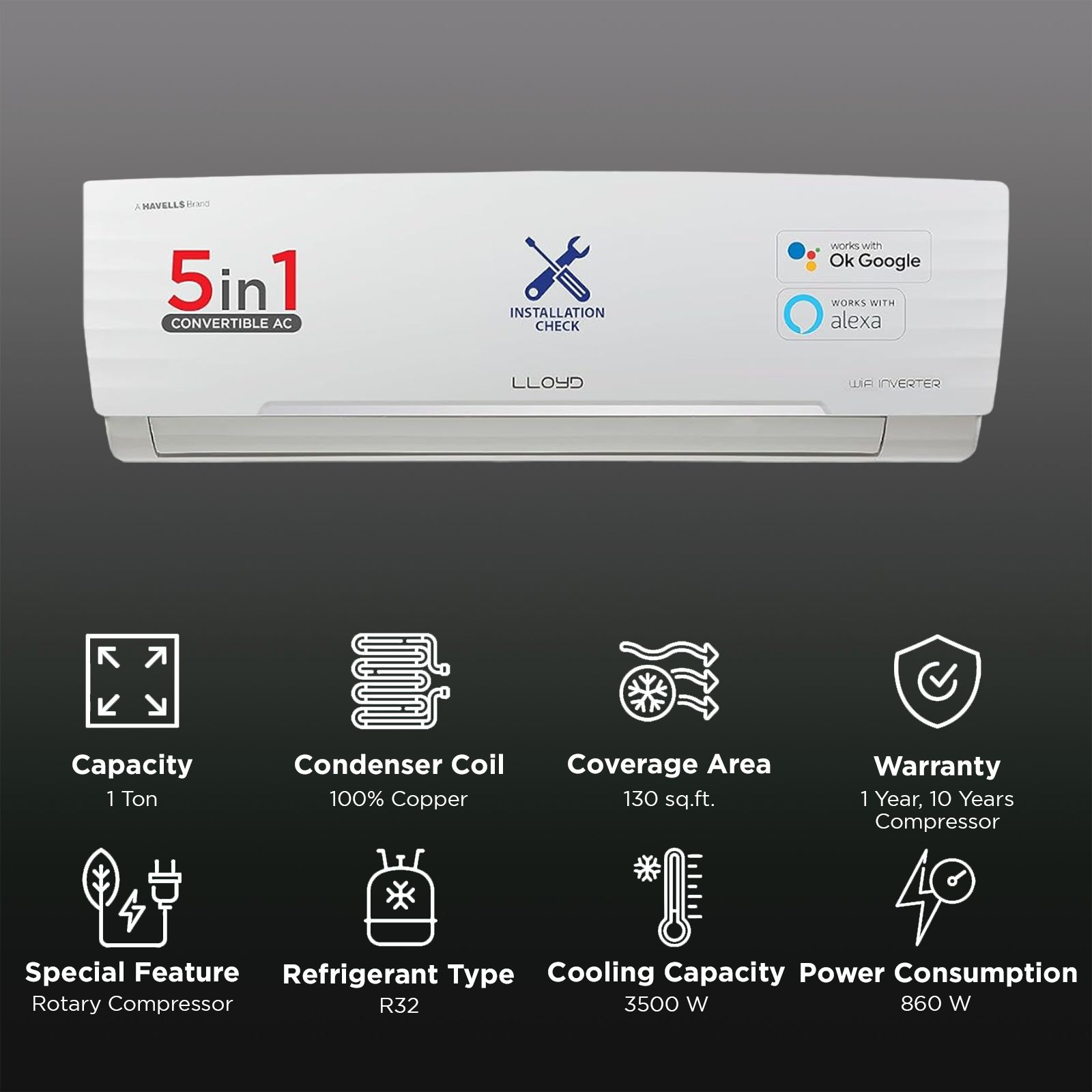 LLOYD 5 in 1 Convertible 1 Ton 5 Star Inverter Split Smart AC with Wi-Fi Supported (Copper Condenser, GLS12V5FWCXV) LLOYD 5 in 1 Convertible 1 Ton 5 Star Inverter Split Smart AC with Wi-Fi Supported (Copper Condenser, GLS12V5FWCXV)_2