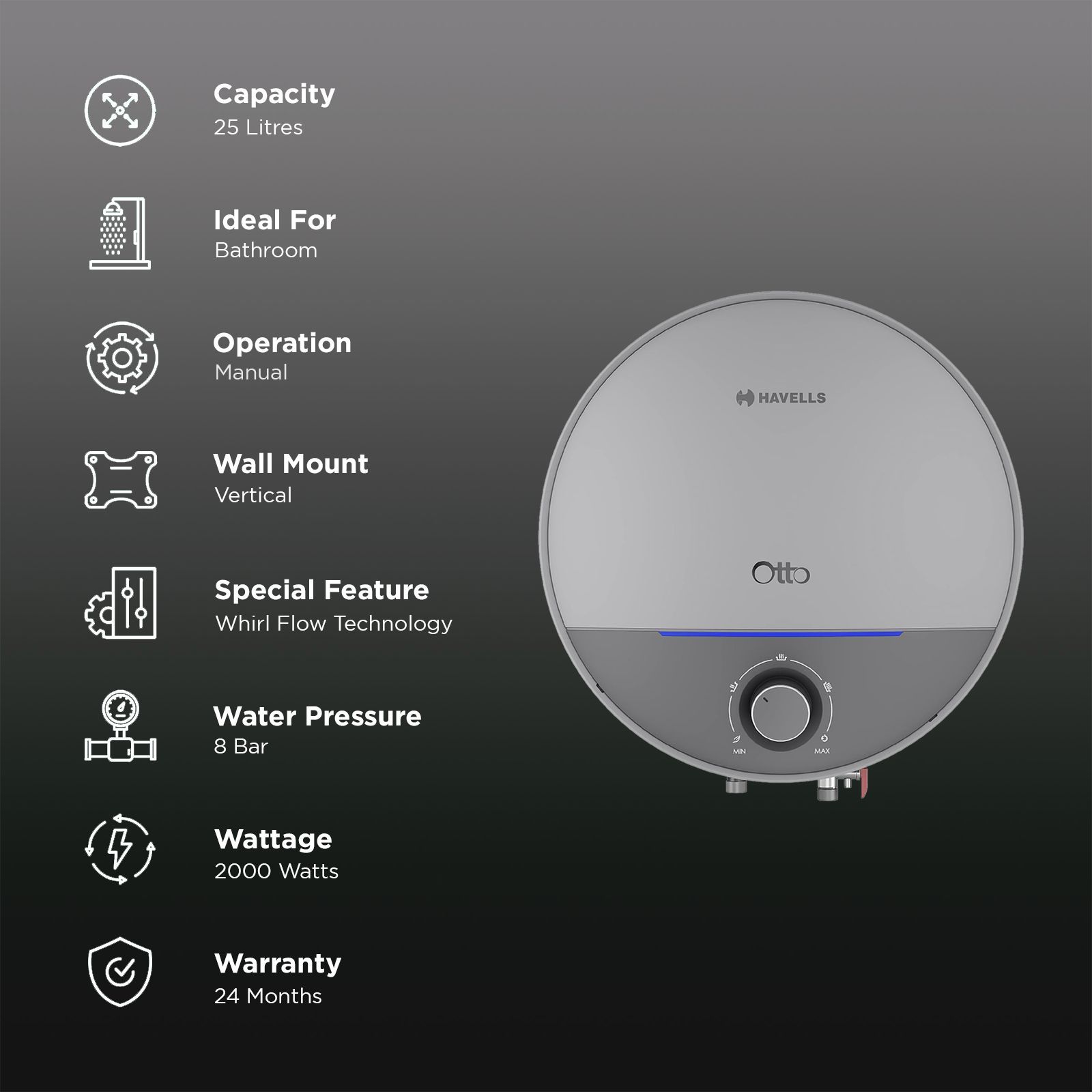 HAVELLS Otto 25 Litre 5 Star Vertical Storage Geyser with Whirl Flow Technology (Silver Grey)_3