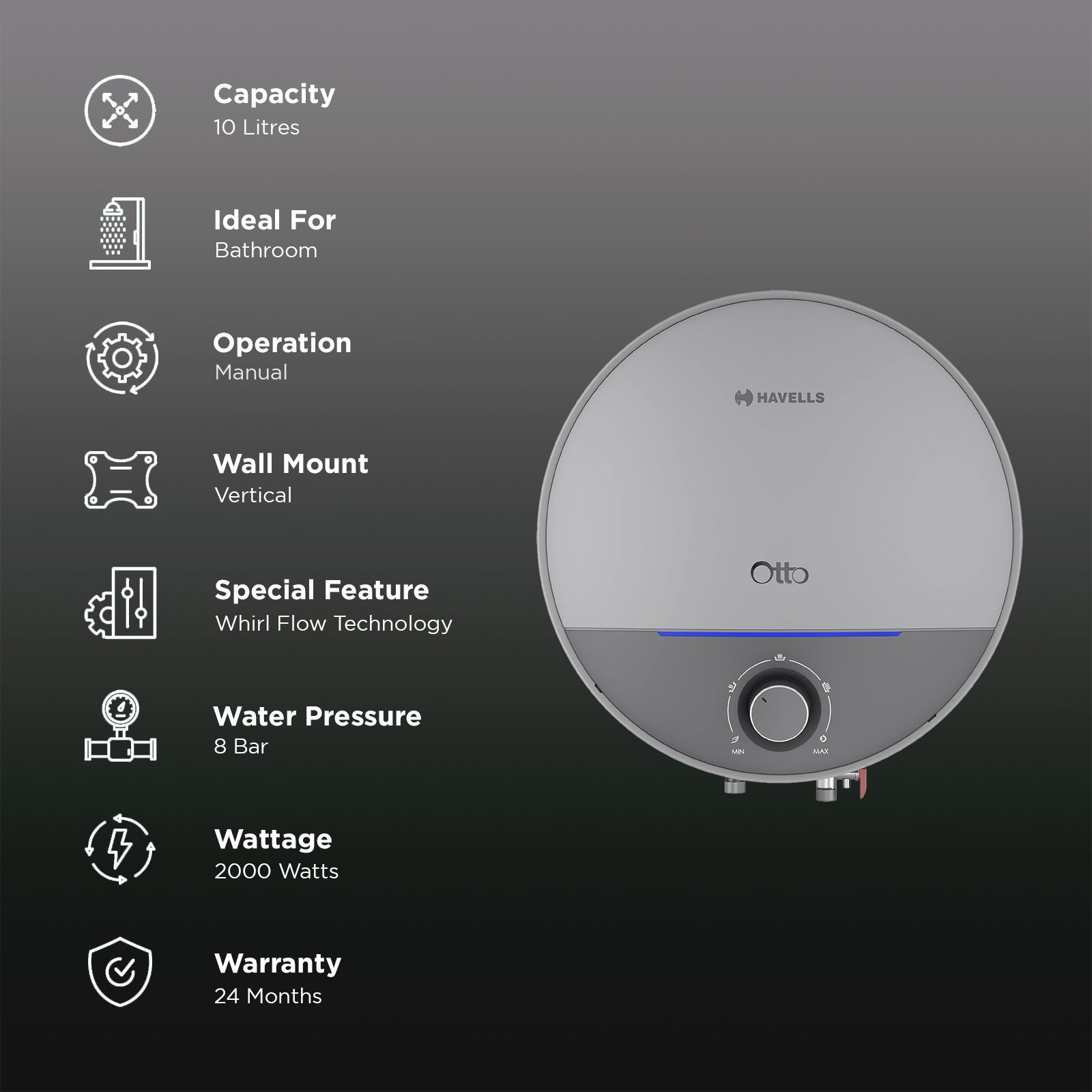 HAVELLS Otto 10 Litre 5 Star Vertical Storage Geyser with Whirl Flow Technology (Silver Grey)_3